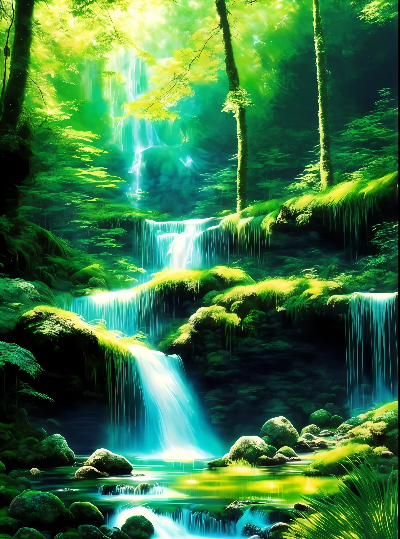 painting of a waterfall in a green forest with a sunbeam, waterfalls, amazing depth, breathtaking masterpiece of art, peaceful beautiful waterfall, multiple waterfalls, an endless waterfall, (waterfall), waterfall(beautiful, waterfall backdrop, waterfall, beautiful art uhd 4 k, streams of flowing light, soft airbrushed artwork, immense waterfall, cascading iridescent waterfalls