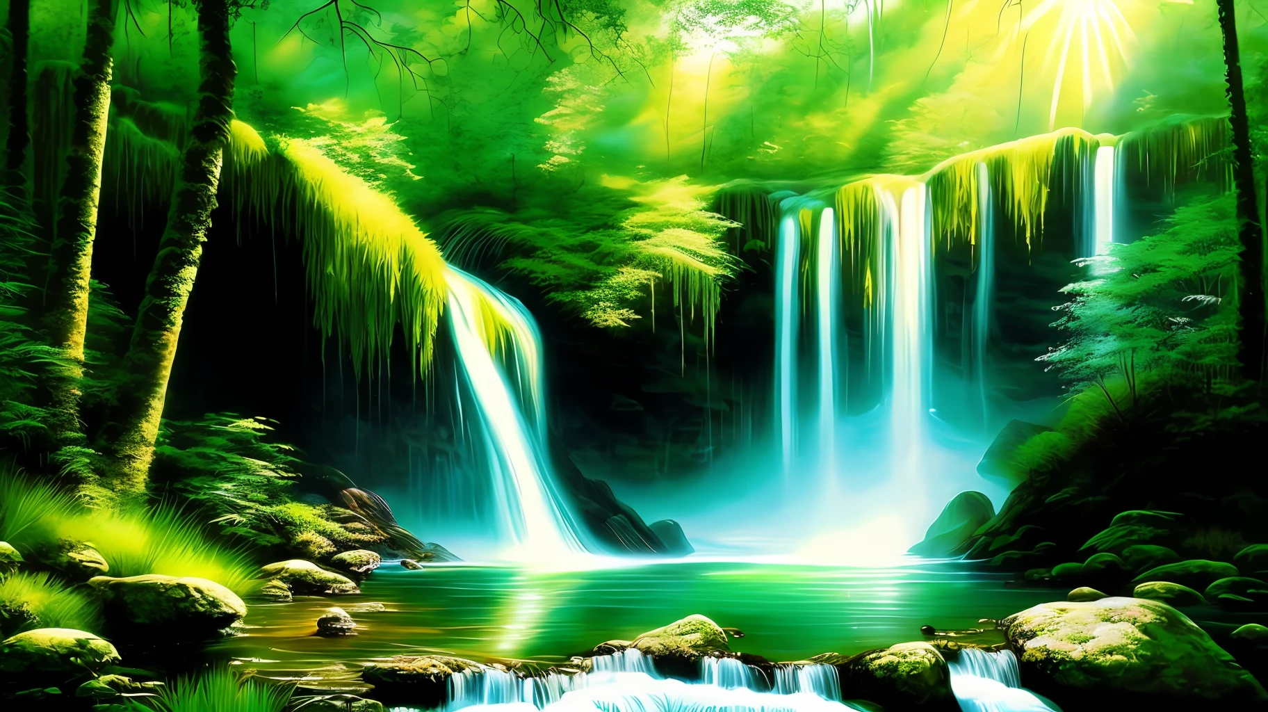 painting of a waterfall in a green forest with a sunbeam, waterfalls, amazing depth, breathtaking masterpiece of art, peaceful beautiful waterfall, multiple waterfalls, an endless waterfall, (waterfall), waterfall(beautiful, waterfall backdrop, waterfall, beautiful art uhd 4 k, streams of flowing light, soft airbrushed artwork, immense waterfall, cascading iridescent waterfalls