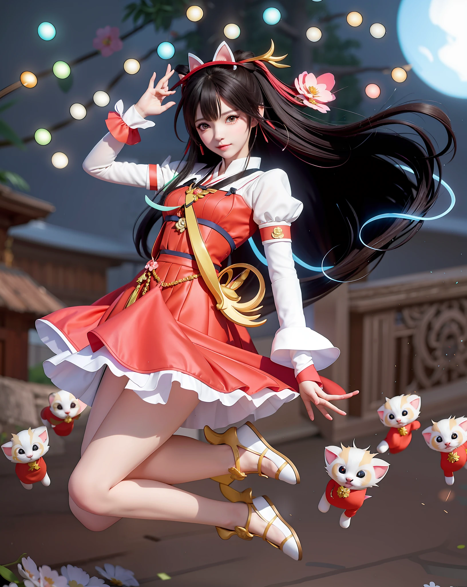 Anime girl in a red dress jumping in the air with flowers, artistic representation of Reimu hakurei, anime girl cosplay, by Yang J, made with anime painter studio, G Liulian Art Style, Artgerm and Atey Ghailan, Zhongli of Genshin Impact, Smooth Anime CG Art, Reimu Hakurei, add a cat|panda with cute high definition neon oregas, in her left hand, add cute kittens and cute little dogs shining, 8k,16k, I want to add some cute kittens in the picture. I would like them to have brightly colored neon ears and that they were distributed in a balanced way in the image so that it does not seem crowded. I would also like the kittens to look realistic in the image and blend in well with the rest of the visual content, "I would like to add some adorable and creative animals to my image. I would like to include kittens with brightly colored neon ears and also some panda cats to add a unique touch to the picture. I would like these animals to look realistic and blend well with the content of the original image. Please make sure to distribute them evenly and evenly in the image to maintain the visual composition."
