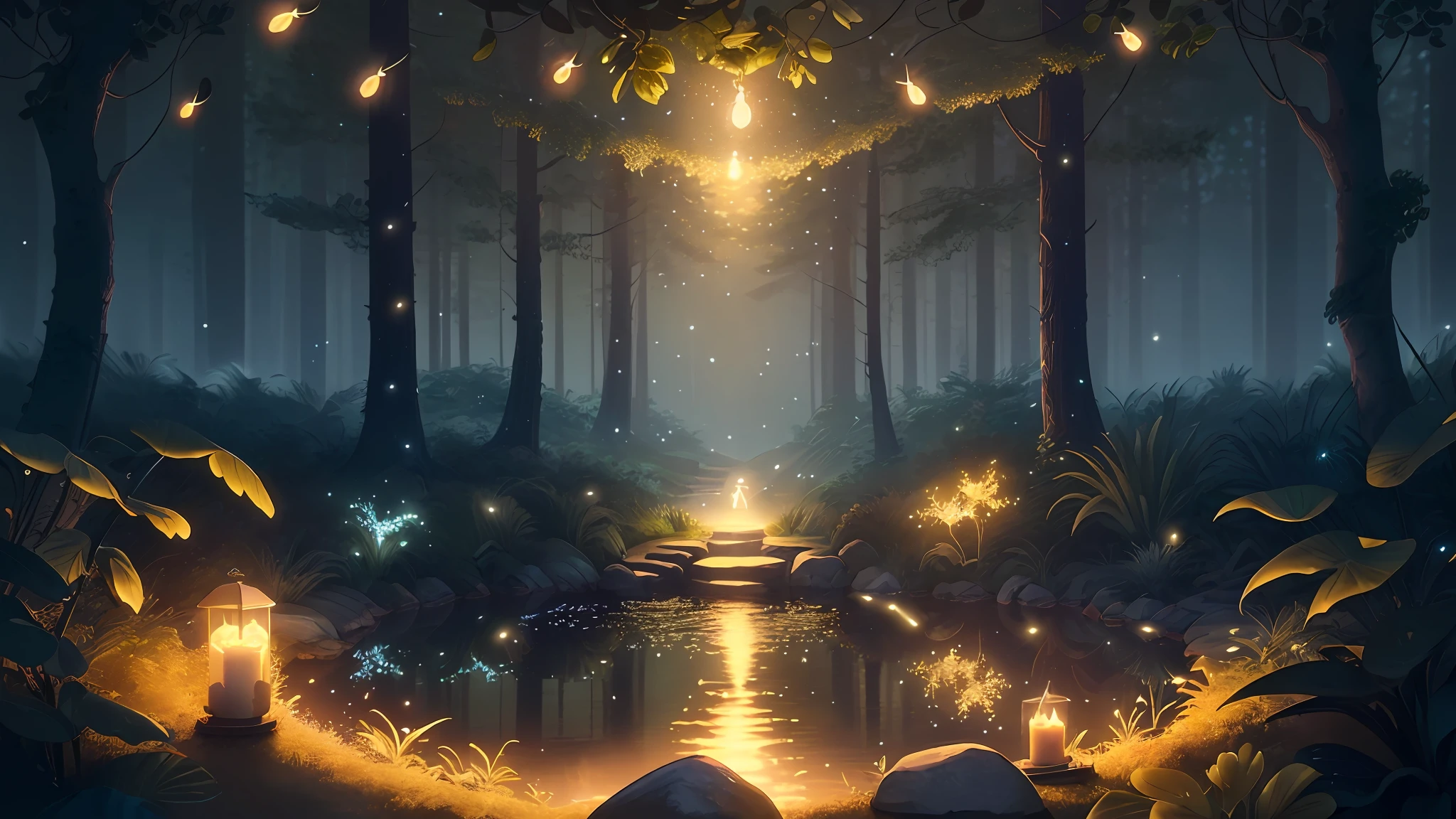 Masterpiece, best quality, (very detailed CG unity 8k wallpaper), (best quality), (best illustration), (best shadows), glow sprite, with a glowing deer, in the swimming pool Drinking water, natural elements in the forest theme. Mysterious forest, beautiful forest, nature, surrounded by flowers, delicate leaves and branches surrounded by fireflies (natural elements), (jungle theme), (leaves), (twigs), (fireflies), (particle effects) etc. 3D , Octane rendering, ray tracing, super detailed