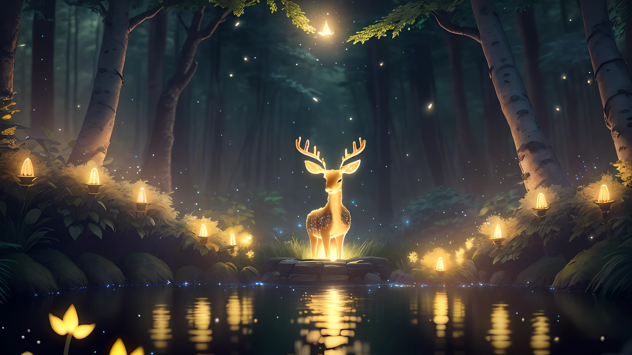 Masterpiece, best quality, (very detailed CG unity 8k wallpaper), (best quality), (best illustration), (best shadows), glow sprite, with a glowing deer, in the swimming pool Drinking water, natural elements in the forest theme. Mysterious forest, beautiful forest, nature, surrounded by flowers, delicate leaves and branches surrounded by fireflies (natural elements), (jungle theme), (leaves), (twigs), (fireflies), (particle effects) etc. 3D , Octane rendering, ray tracing, super detailed