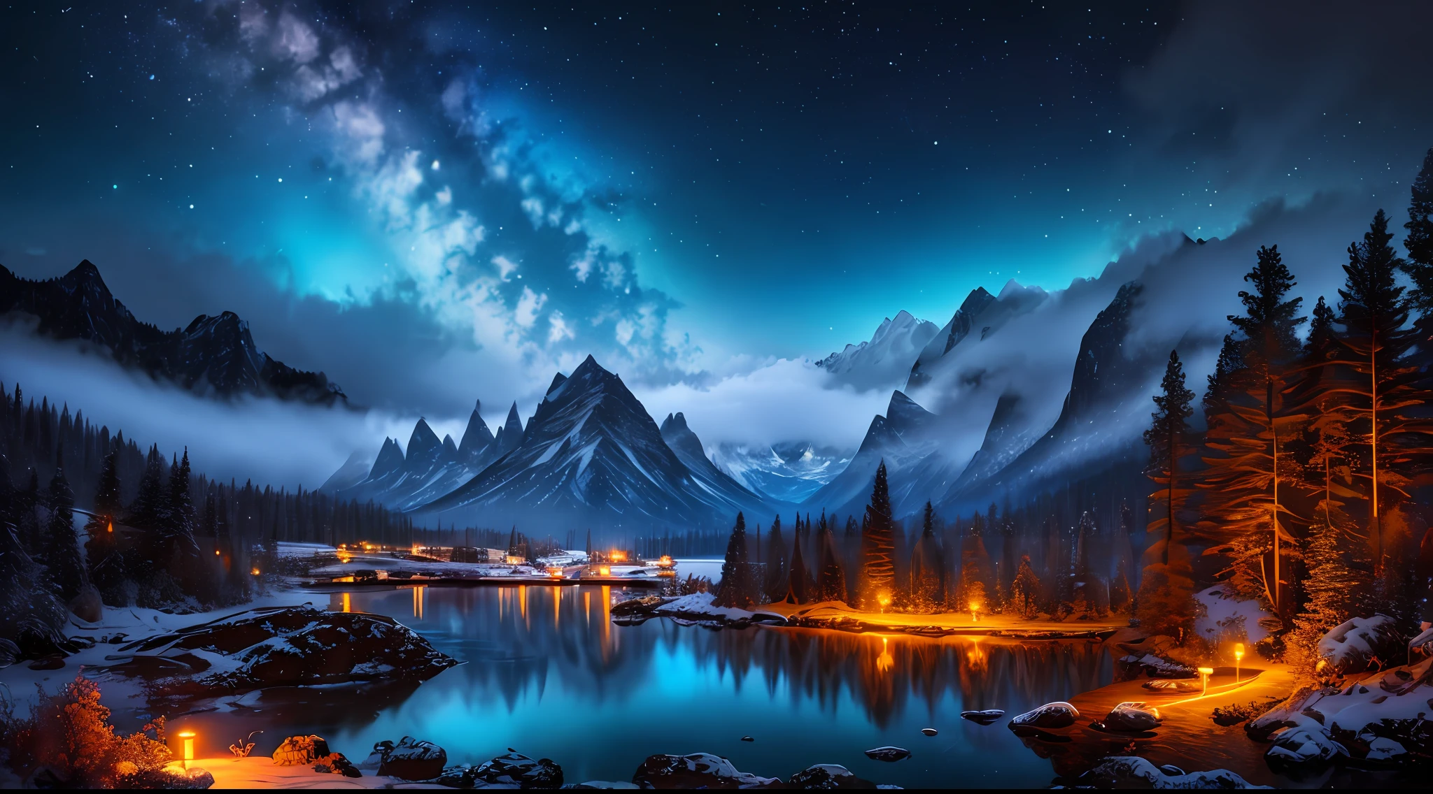 best quality, masterpiece, beautiful wild and natural fantasy landscape with glowing lights