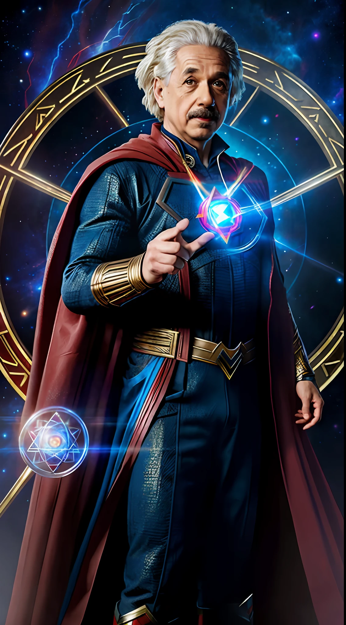 ((realistic)), (Albert Einstein as Doctor Strange from Marvel), (wearing eye of agamotto necklace), (the Red Cloak of Levitation), [ superman style outfit, (Joseph Stalin as Superman) ], portrait style., high detail, VFX, Hero pose, fight pose, award winning, best quality, masterpiece, 8k