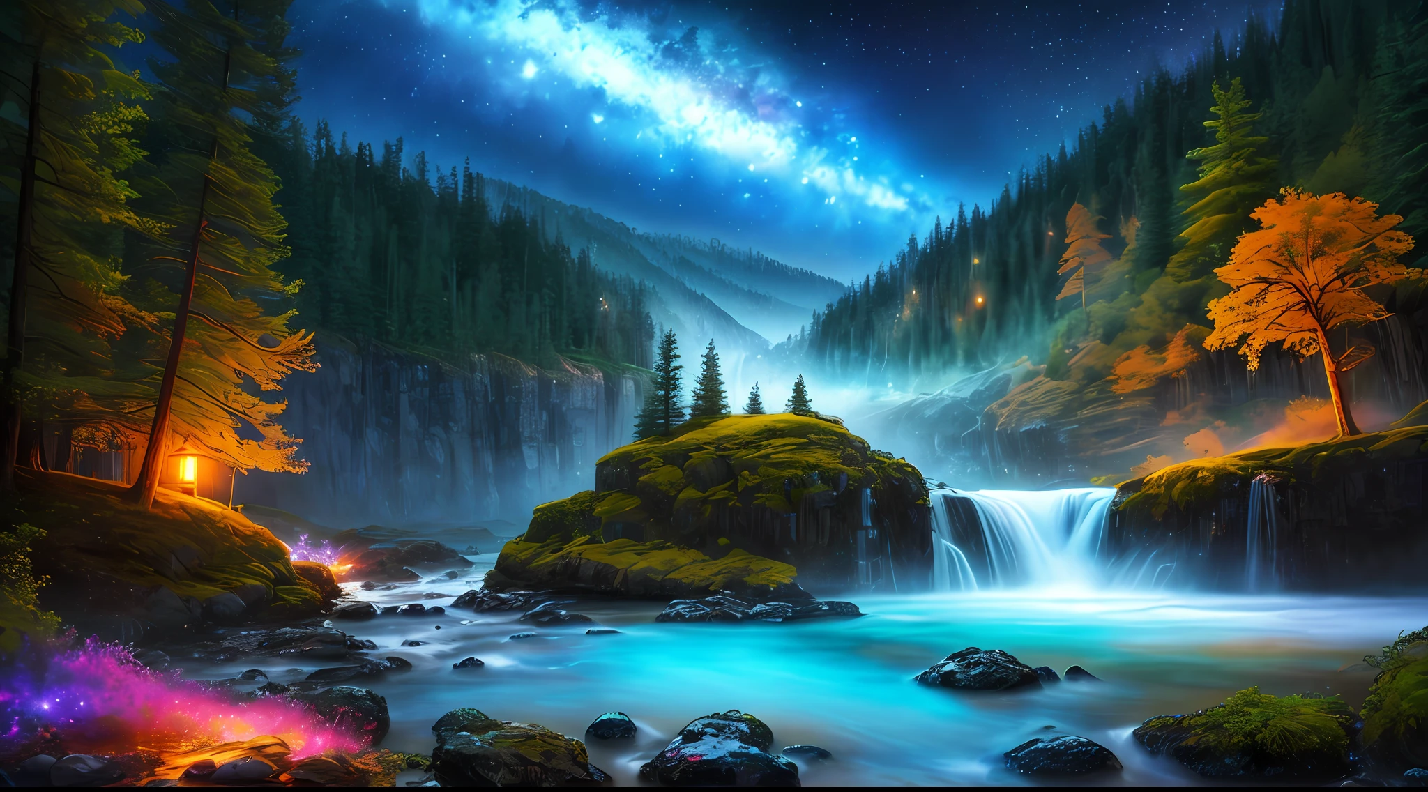 best quality, masterpiece, beautiful wild and natural fantasy landscape with glowing lights