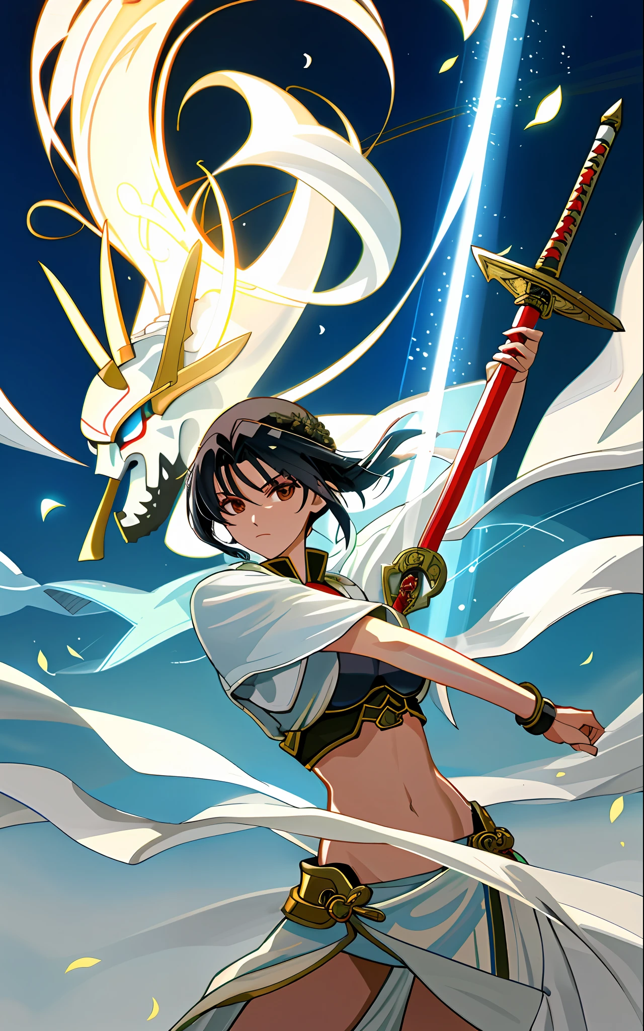 Masterpiece, high resolution, watercolor, ancient Chinese warlord, beautiful female swordsman, smooth white skin like china, muscular lines, shading on face, impressive light, shaded glossy skin, slender, lower breasts, navel, sword in both hands, Suikoden, Ichijo blue fan third daughter, light robe, seven colored robe, dancing, staring at the viewer. shout