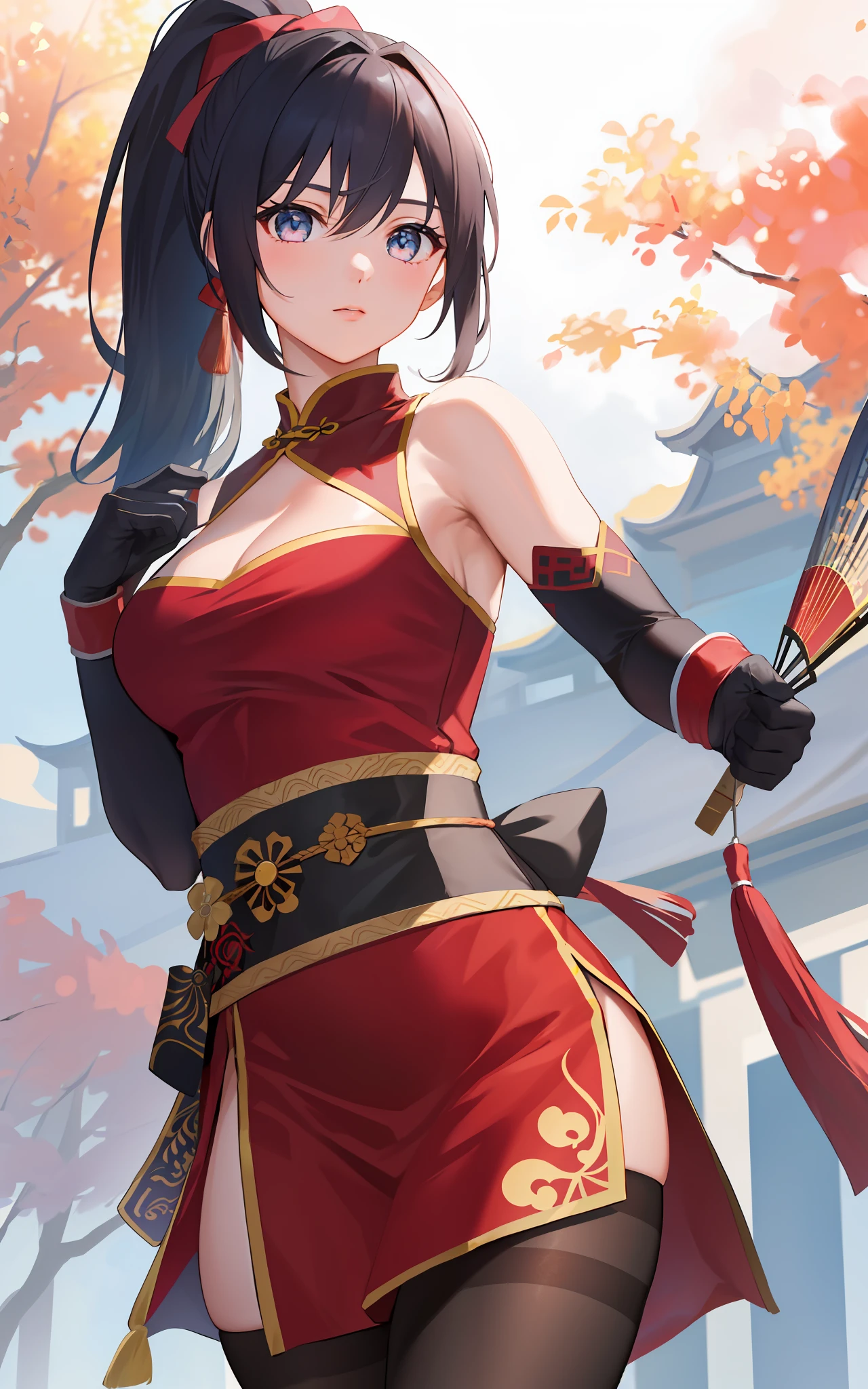 masterpiece, best quality, (realistic, 1girl, solo, beautiful face, detailed face, beautiful eyes), (breasts), thighs, long hair,  ponytail, breasts contains, red, shinobi, ninja, bare shoulder, elbow gloves, skirt curtain, hand fan, fans, black Chinese dress, random Pantyhose