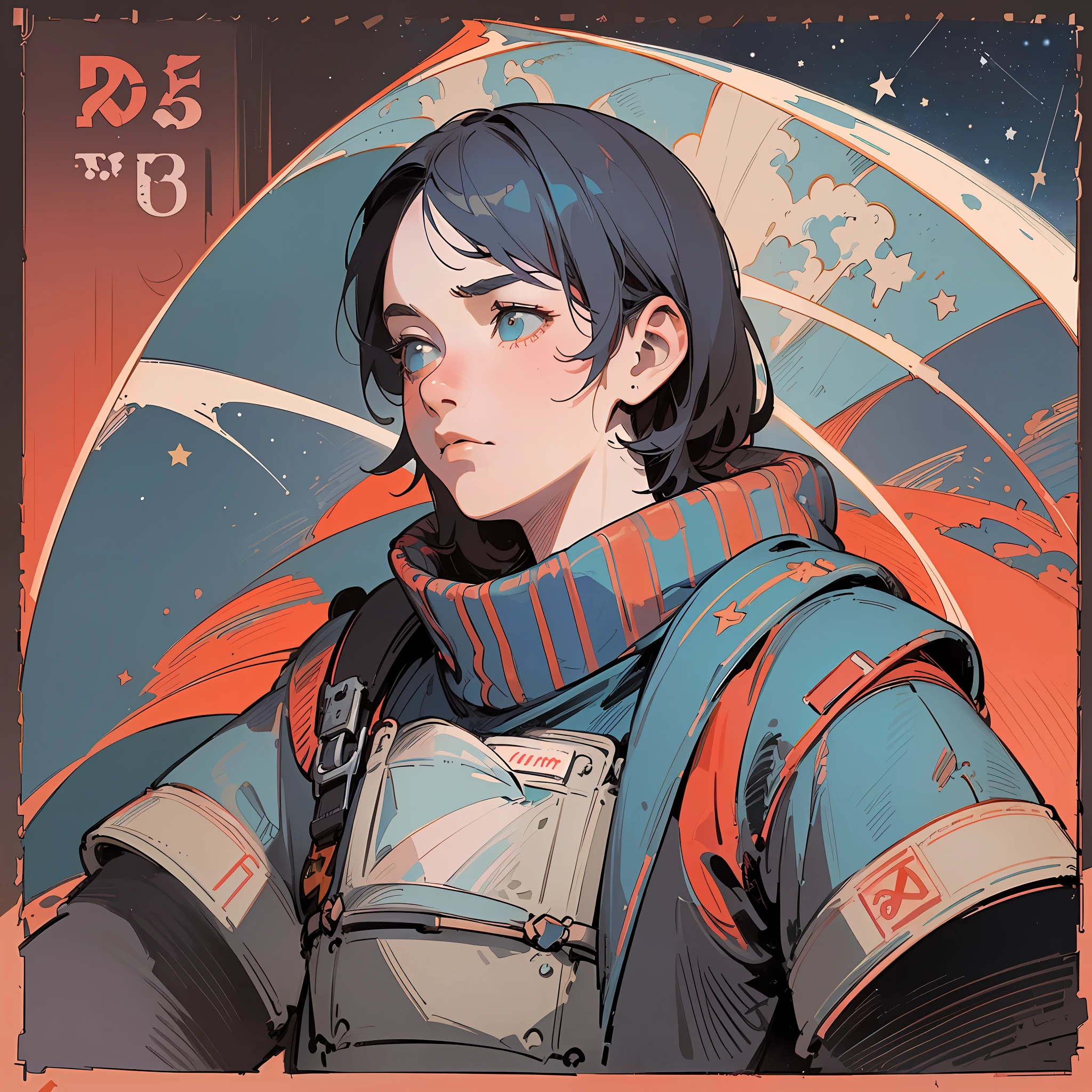(masterpiece), (best quality), (best detail), (distant general point of view), (postage stamp),(main color of illustration: saturated red), (secondary color: pastel blue), a military teenager with defiant posture, very detailed face, vintage advertising poster with Soviet-style letters 60', futuristic western scenario, night (sky with many stars), shading (detailed, much contrast), very saturated pulp colors