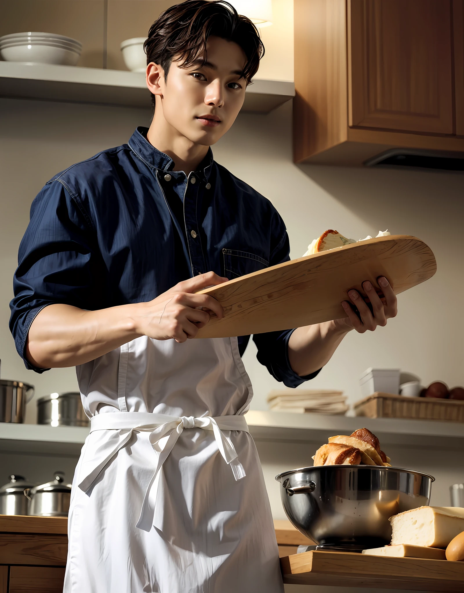 (masterpiece, ultra quality, high resolution, 8k, intricate: 1.2), (detailed face:1.2)), Front cover of a men's cooking magazine, 1boy, , stunning, handsome, heartwarming smile, , wearing tight chef costume, pinny apron, beautiful food,