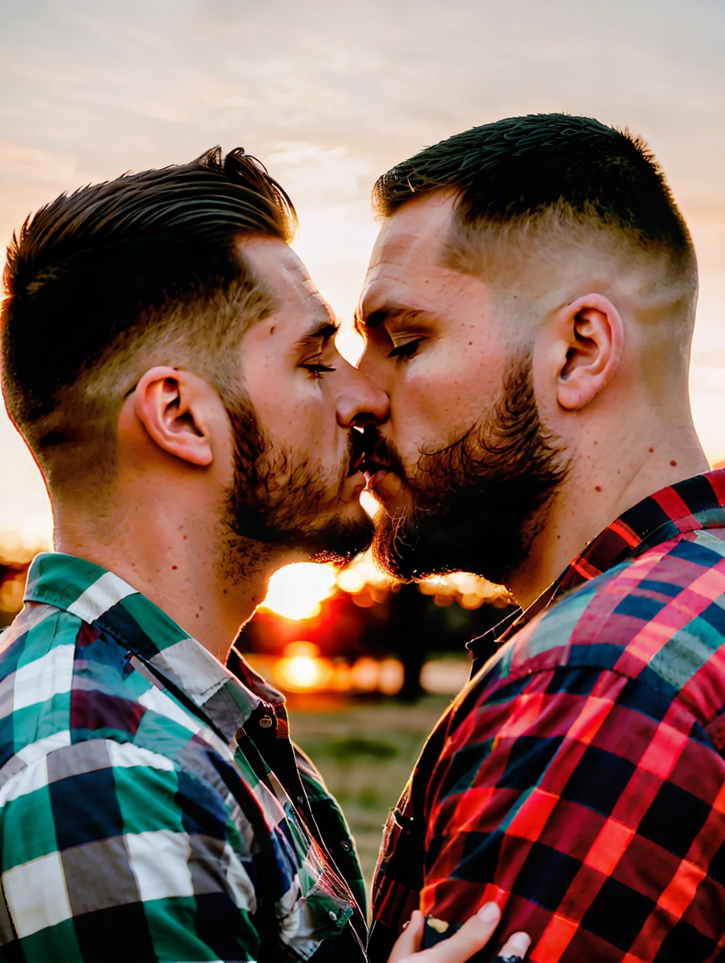 Portrait of a passionate kiss between two lumberjack-style men, wearing plaid shirts, lumberjack barbistyle, short hair machine-cut military style, very romantic scene at sunset. Extremely realistic scene, portrait made with dlsr camera with 50mm lens, dramatic lighting