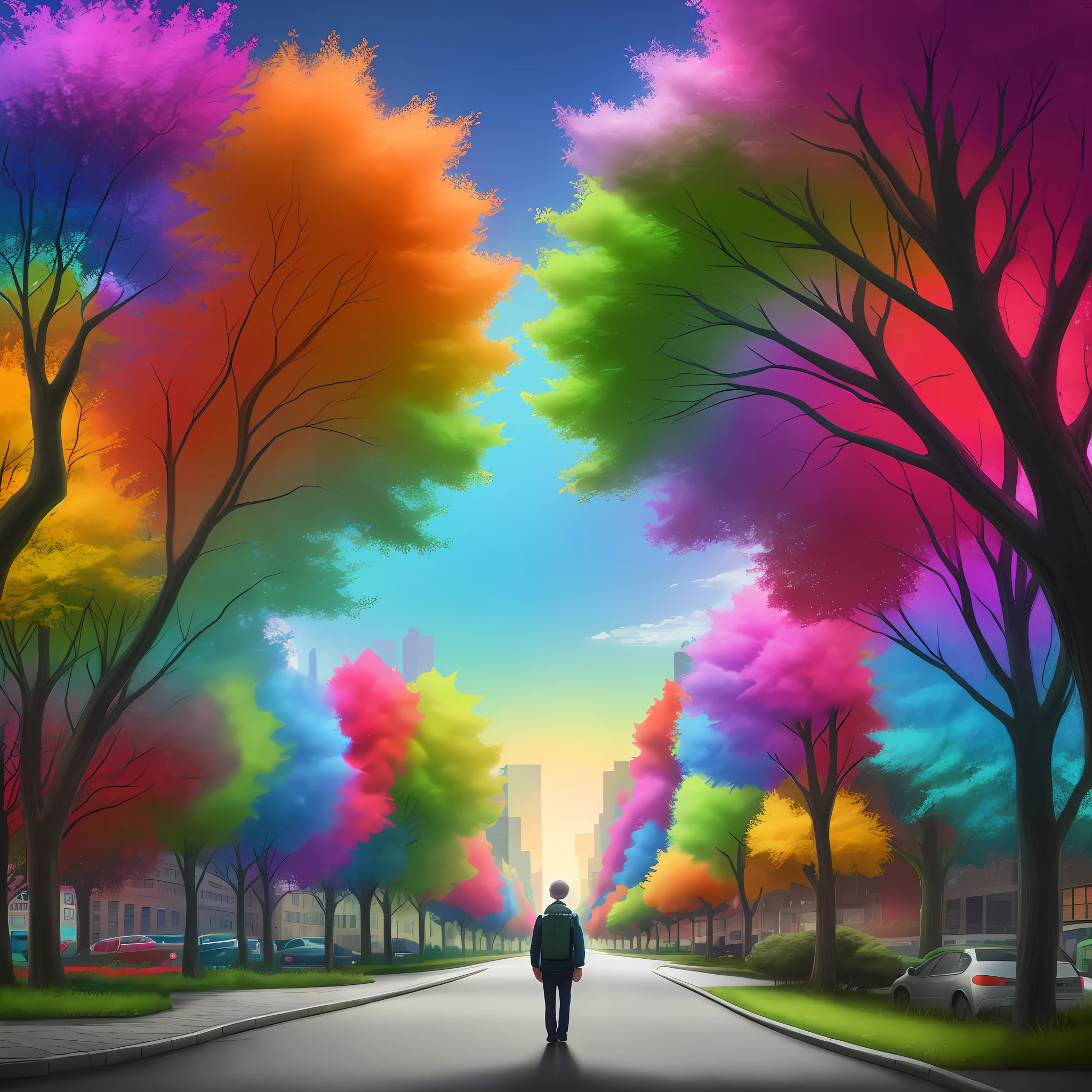 Colorful tree, multicolored, realistic, urban landscape, tree, surrealism, realism, dreams, ???, trip, badtrip.
