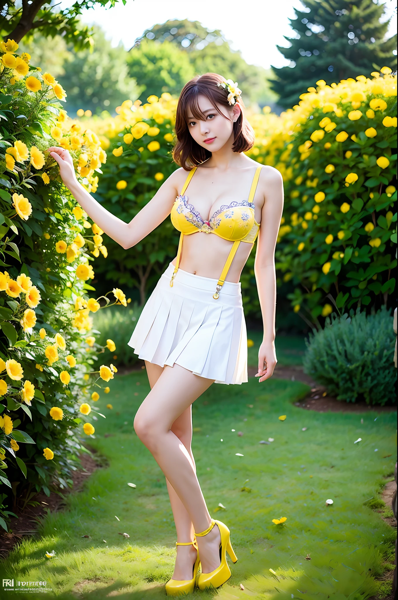 (Best Quality, Masterpiece: 1.2), Woman, Portrait, Bra, Breasts, Suspenders, High Heels, Outdoor, 25-Year-Old Woman in the Garden, White Miniskirt, (Yellow Flower Chaos in the Background: 1.3) Same Character, Different Costume, Different Angle, Backlight: 1.5