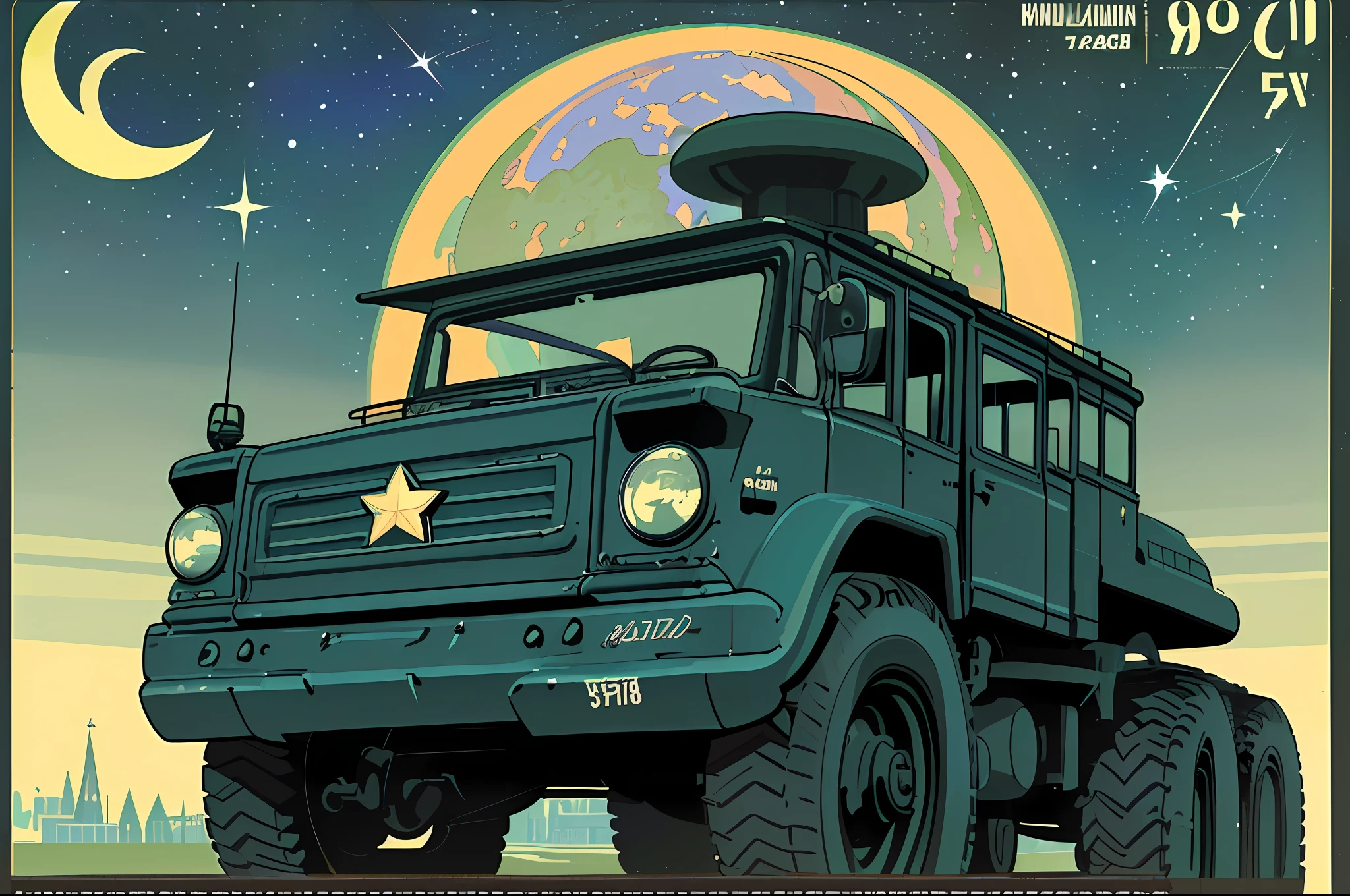 (masterpiece), (best quality), (best detail), (distant general view), (postage stamp),(main illustration color: bright saturated caki green), (secondary color: lapis lazuli), a military SUV with challenging posture, very detailed face, vintage advertising poster with Soviet-style lettering 60', futuristic western scenery, night (many stars, moon), shading (detailed, much contrast), very saturated pulp colors