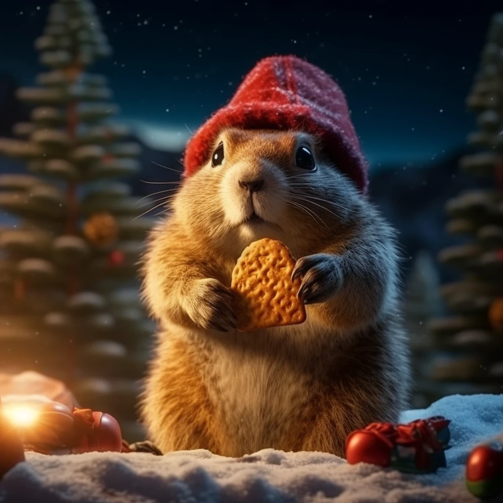 marmot in christmas hat, eating ginger cookies, mound, anthropomorphic style, exaggerated styling, disney style, depth of field, lighting, mailbox, high detail, sleepy, pixar, depth of field, movieting, letterbox, verism, uhd, high quality, 8k, uhd, high detail, high quality, 8k