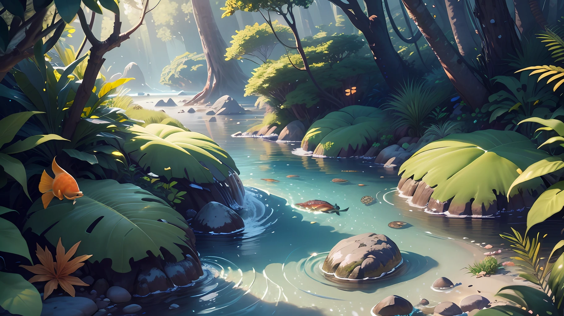Masterpiece, best quality, high quality, highly detailed CG unity 8k wallpaper beautiful landscape oil painting, award winning photography, bokeh, depth of field, HDR, bloom, chromatic aberration, photorealism, highly detailed, trending on artstation, on CGsociety Trending, intricate, high detail, dramatic, midjourney art and masterpiece, best quality, high quality, extremely detailed CG unity 8k, colorful tropical fish, slowly tumbling sea turtle and deep sea stingray, ocean dark forest, deep sea water Down the river, flowing an orange-yellow glow, strange creatures, divers, --v 6