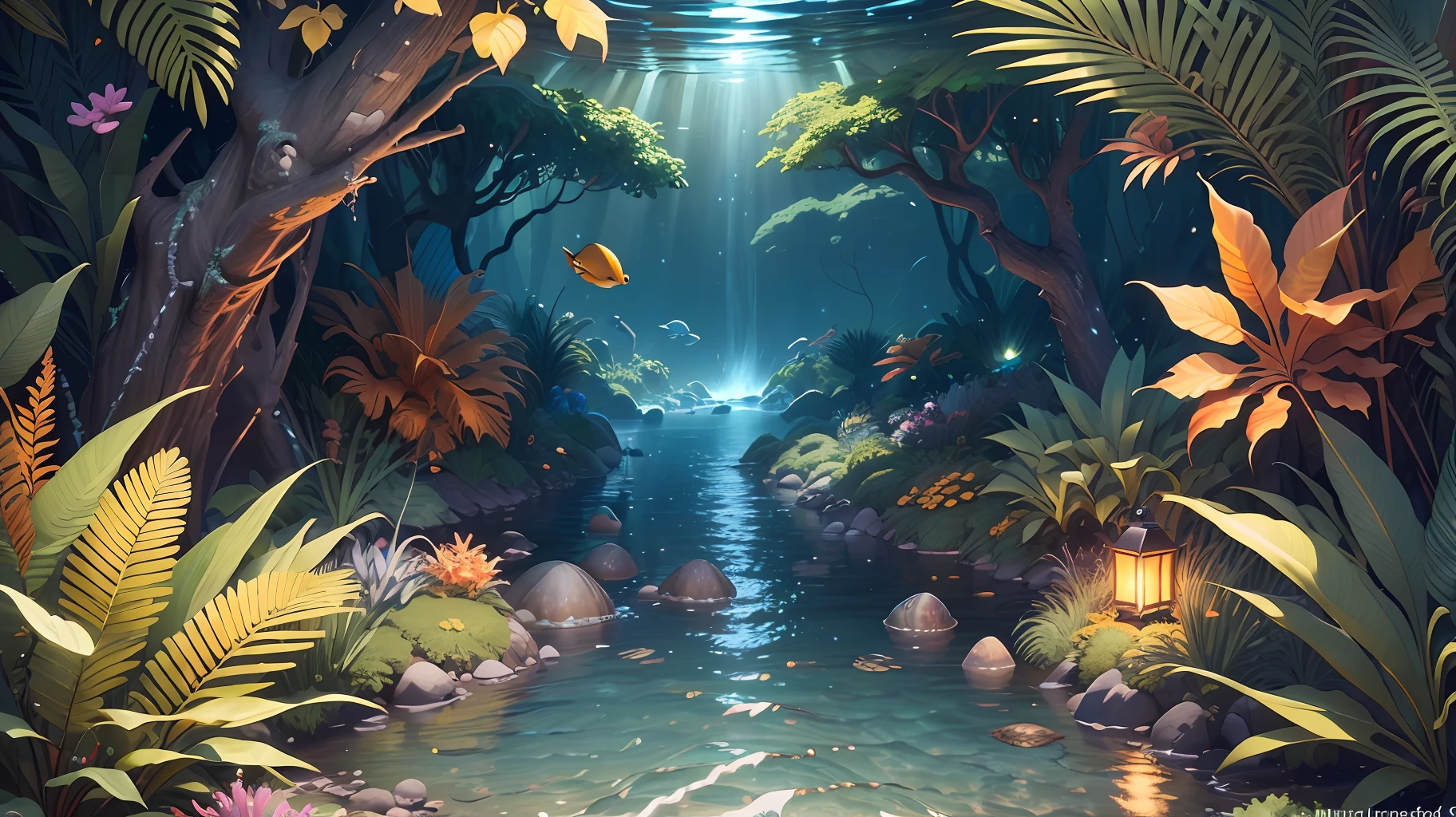 Masterpiece, best quality, high quality, highly detailed CG unity 8k wallpaper beautiful landscape oil painting, award winning photography, bokeh, depth of field, HDR, bloom, chromatic aberration, photorealism, highly detailed, trending on artstation, on CGsociety Trending, intricate, high detail, dramatic, midjourney art and masterpiece, best quality, high quality, extremely detailed CG unity 8k, colorful tropical fish, slowly tumbling sea turtle and deep sea stingray, ocean dark forest, deep sea water Down the river, flowing an orange-yellow glow, strange creatures, divers, --v 6