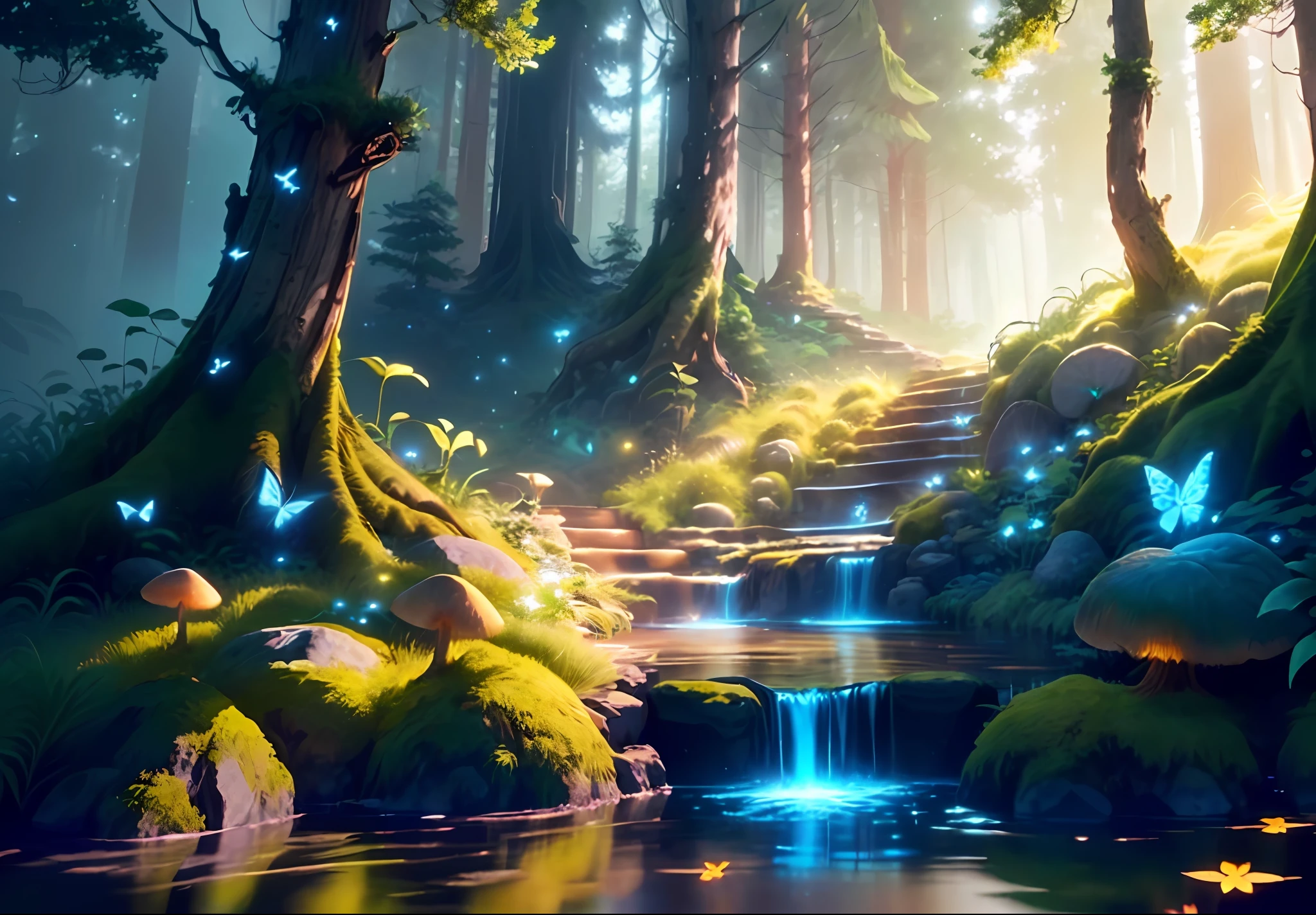 Masterpiece, best quality, (highly detailed CG unity 8k wallpaper), (better quality), (better illustrations), (better shadows), forest theme with natural elements. Tall trees, quiet streams, glowing small mushrooms surrounded by delicate leaves and branches, with fireflies and glowing particle effects, (natural elements), (jungle theme), (leaves), (branches), (fireflies), butterflies, ( delicate leaves ), (glow), (particle effects). , isometric 3D, octane rendering, ray tracing, hyper detail