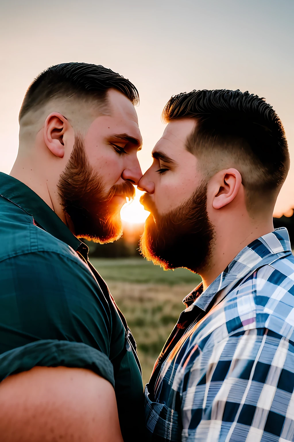 Portrait of a passionate kiss between two lumberjack-style men, wearing plaid shirts, long and well-made lumberjack style beard, large bodies, short hair cut to military style machine, very romantic scene at sunset. Extremely realistic portrait, 50mm lens, dramatic lighting