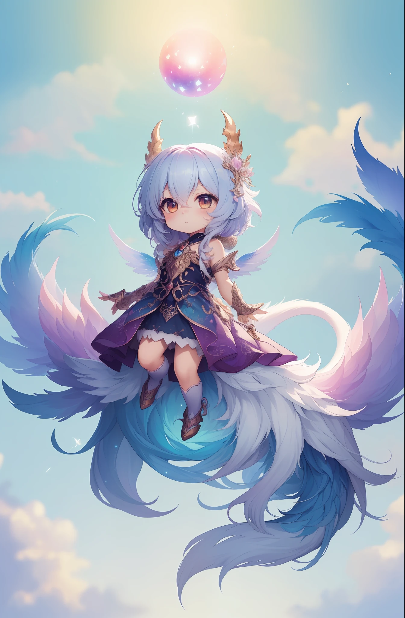 mythical creature, beast, fluffy, gradient color ((best quality)), ((masterpiece)), ( extreme detailed, highest detailed, official art, beautiful and aesthetic:1.2), depth of field, composition, FULL BODY, (CHIBI), (beautiful and detailed eye:1.3), Long tail