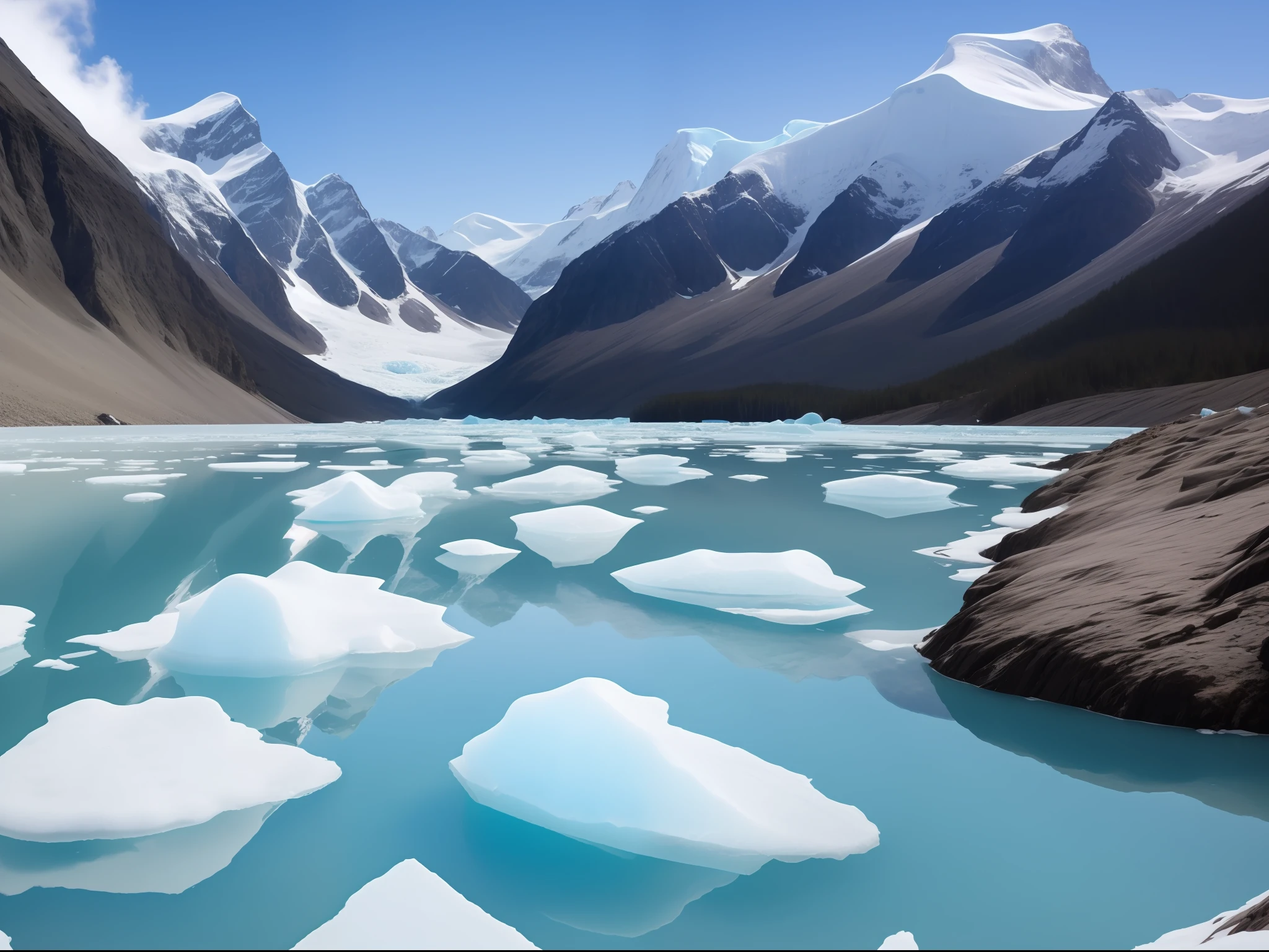 melting glaciers, majestic and serene, glistening ice, serene blue tones, snowy peaks, crystal-clear waters, powerful nature, breathtakingly beautiful scenery
