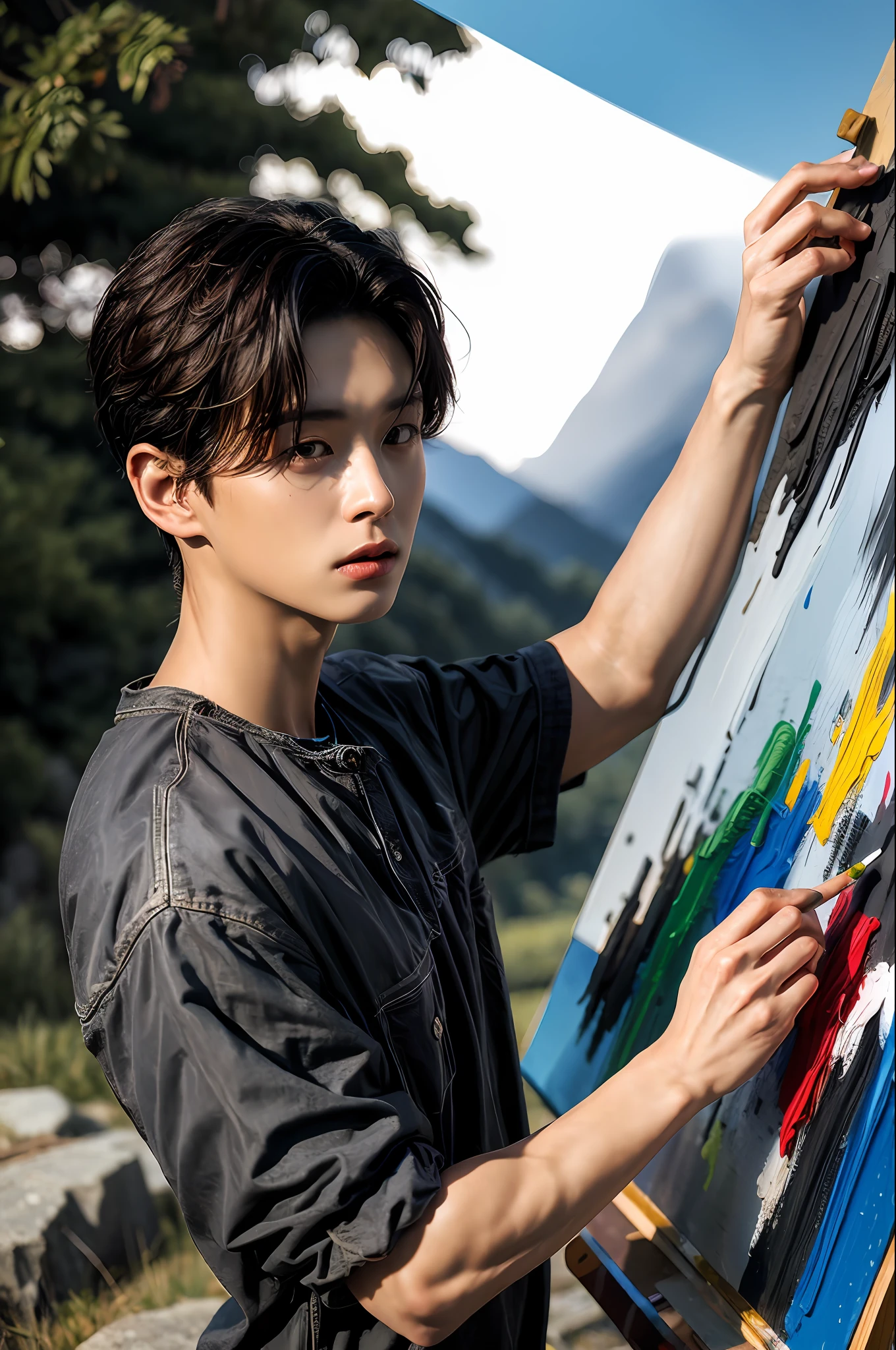 masterpiece, best quality, 1boy, plein air painting in the mountains, (painting:1.3)