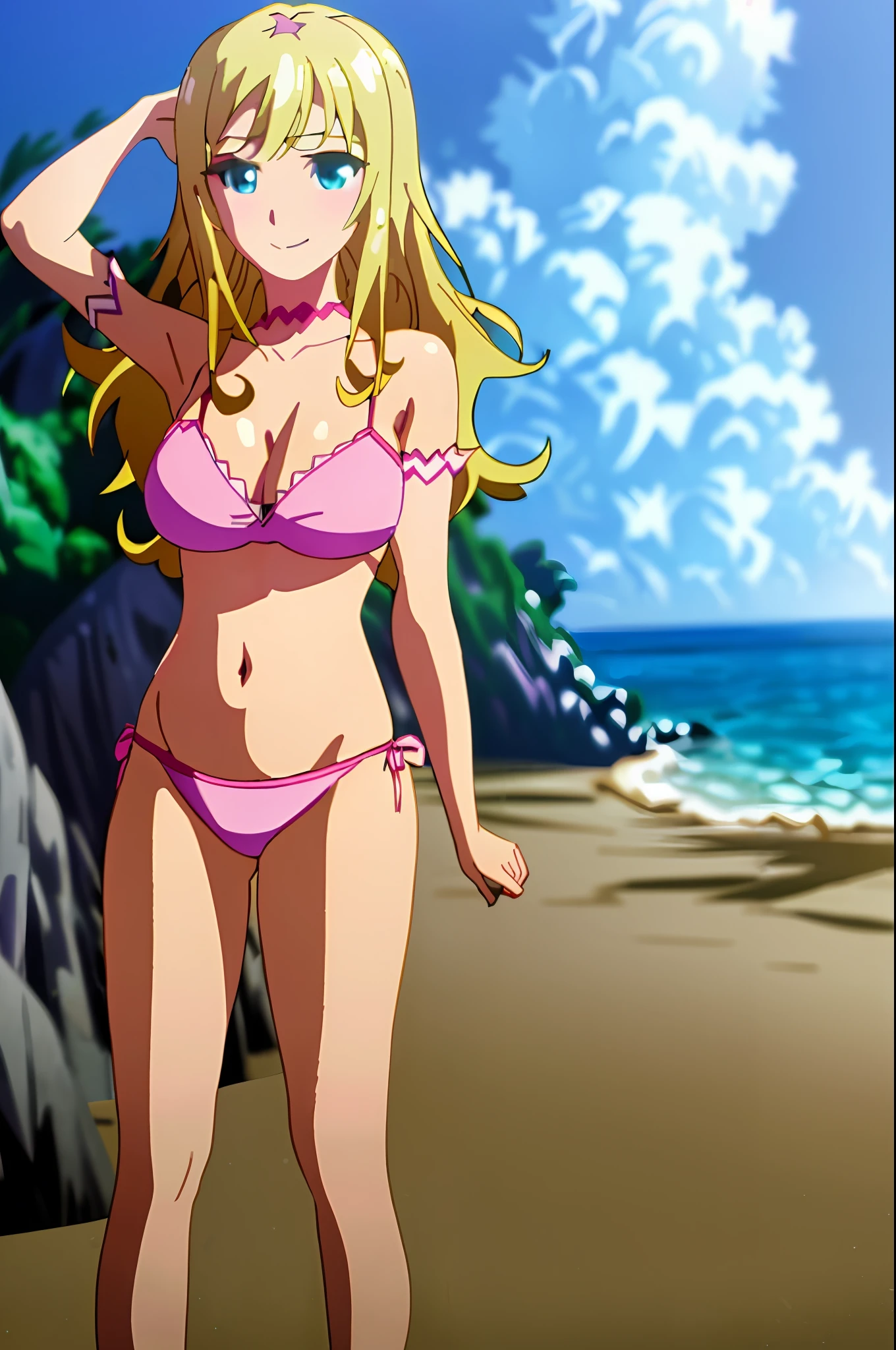 masterpiece, (((best quality))), high resolution, anime art style, Liliana, ((shoulder-length wavy blonde hair)), (blue eyes), detailed face, closed smile, (((big breasts))), (((pink bikini))), playing on the beach, navel uncovered, chest in sight, legs in the sand, (((full sensual body))), sensual body curves, shapely body