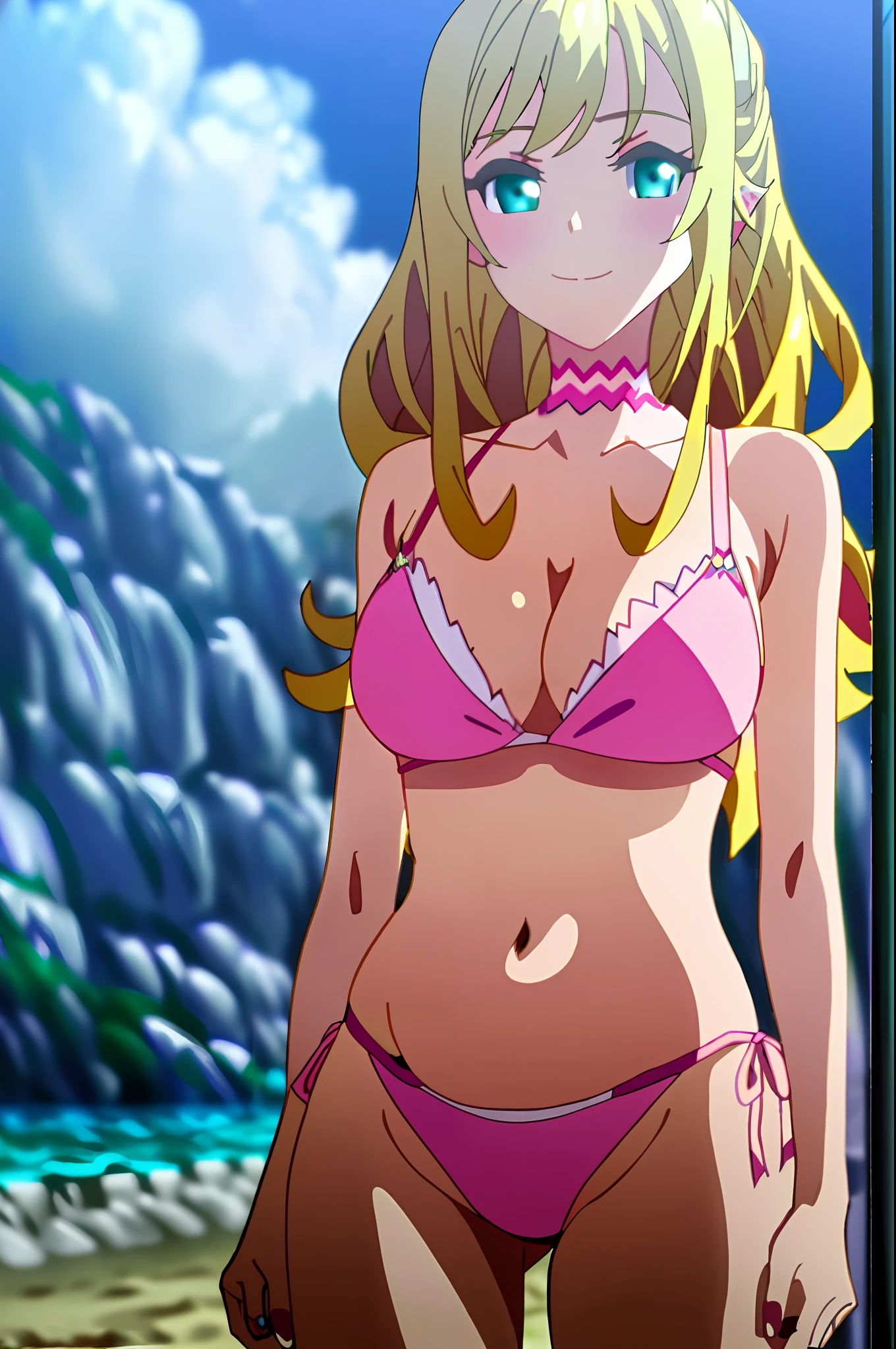masterpiece, (((best quality))), high resolution, anime art style, Liliana, ((shoulder-length wavy blonde hair)), (blue eyes), detailed face, closed smile, (((big breasts))), (((pink bikini))), playing on the beach, navel uncovered, chest in sight, legs in the sand, (((full sensual body))), sensual body curves, shapely body