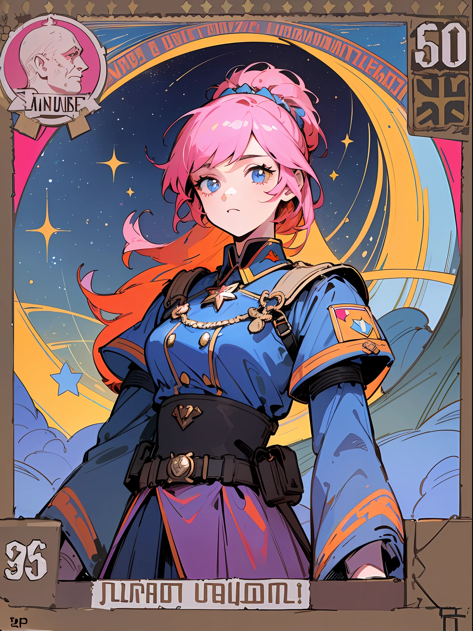 (masterpiece), (best quality), (best detail), (distant general view), (postage stamp),(main color of illustration: bright saturated pink), (secondary color: lapis lazuli), a group of very beautiful military soldiers with defiant posture, very detailed face, vintage advertising poster with Soviet-style letters 60', western futuristic scenery, night (many stars, moon), shading (detailed, much contrast),  Highly saturated pulp colors