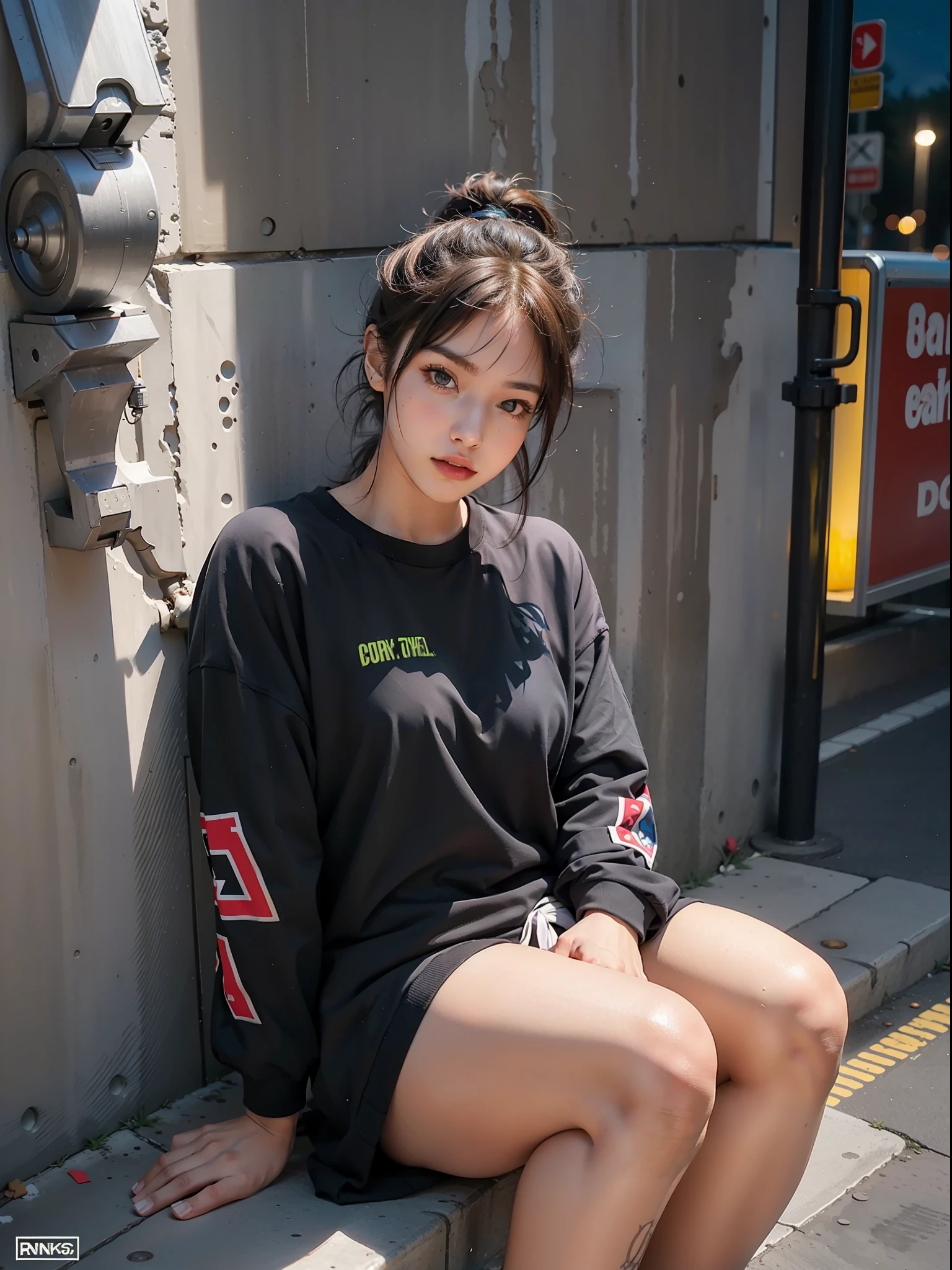 (male:1.2) (bodybuilder:0.8), masterpiece, photorealistic girl sitting on the pavement against Wall at night neon sigh above her funky style