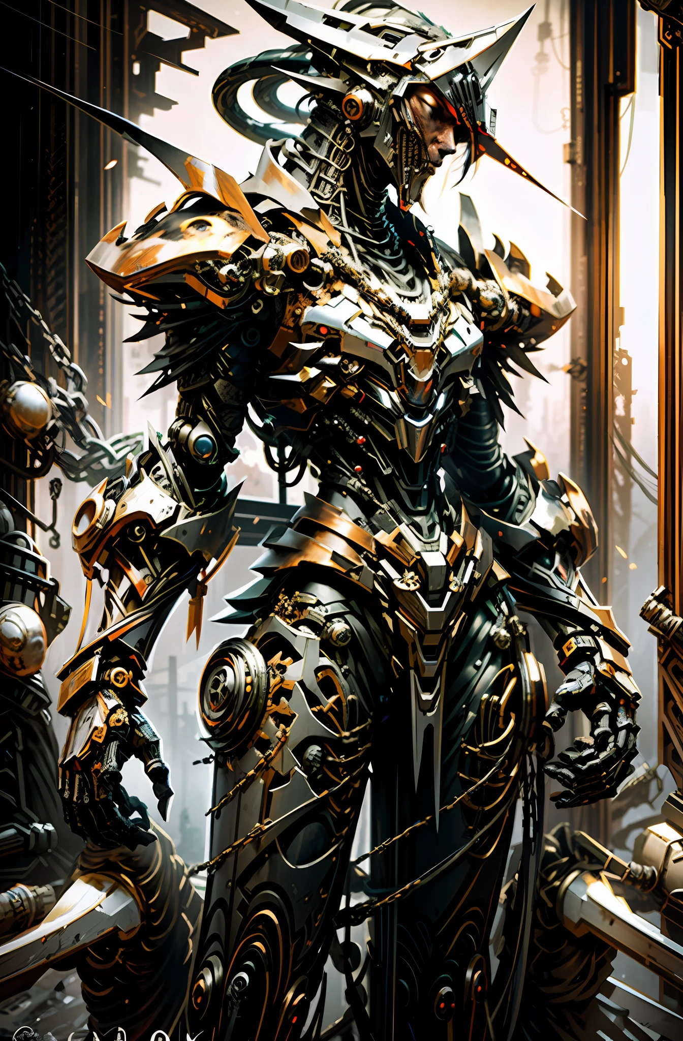 Dark_Fantasy,Cyberpunk,(chain saw,chain saw man,Red:1.1),1man,Mechanical marvel,Robotic presence,Cybernetic guardian, wearing a worn-out mech suit, intricate, (steel metal [rusty]), elegant, clear focus, shot by greg rutkowski, soft lighting, vibrant colors, masterpiece, ((street)), cowboy shot, dynamic pose,