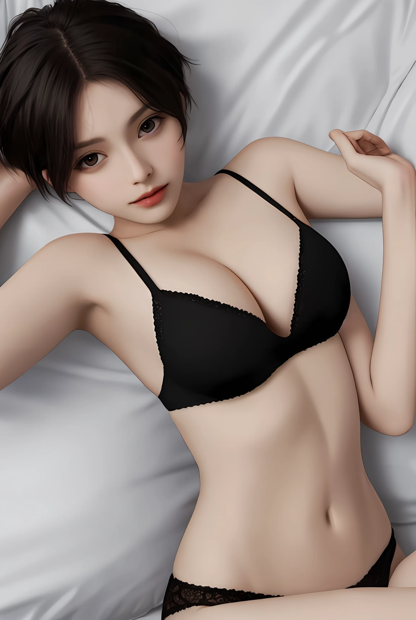 Best Quality 8k Beautiful Girl Lying on Back on Wide Bed Black Underwear Short Cuts Slender Sexy Beautiful Tits Small Tits Short Hair