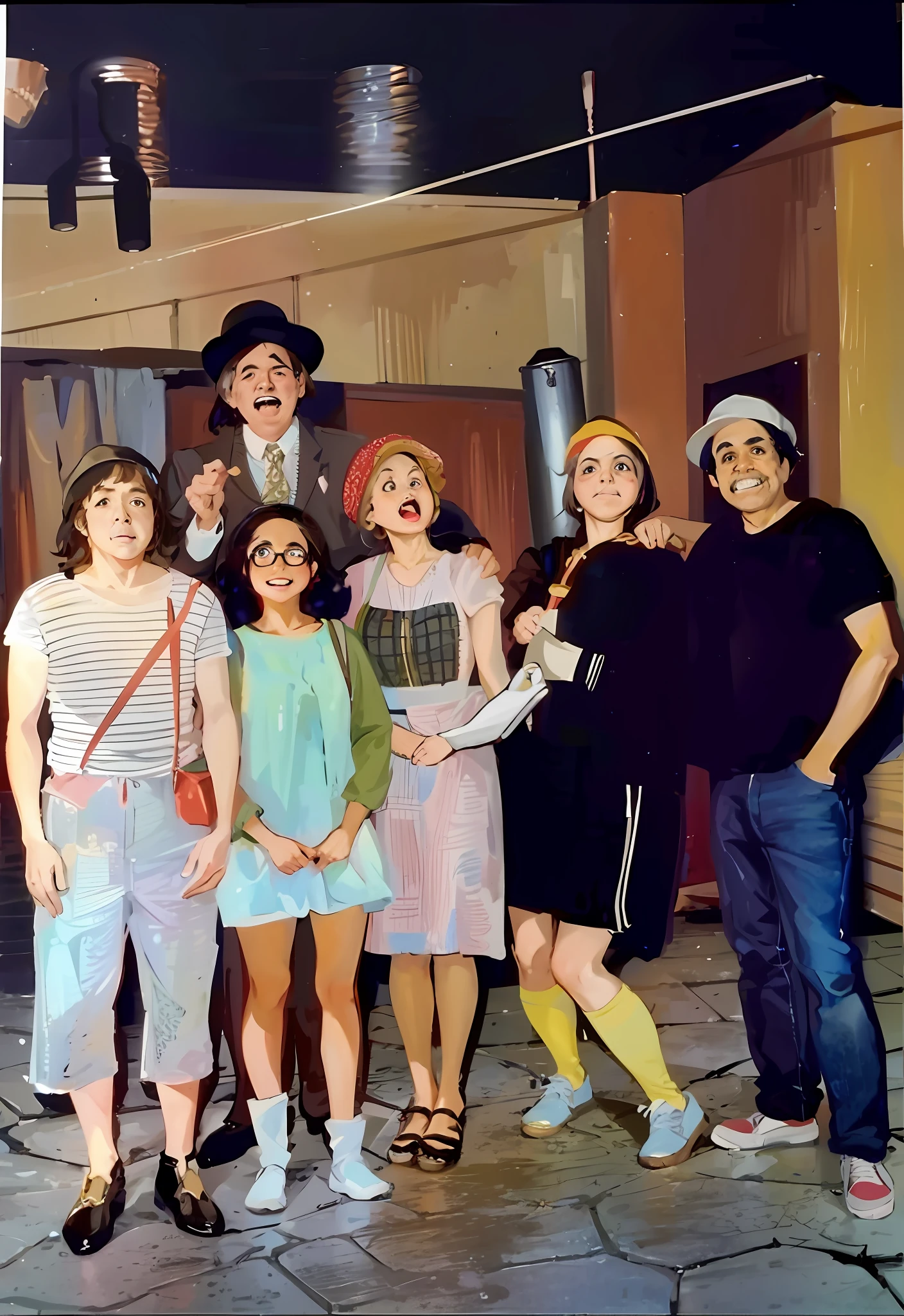 there are a group of people standing together in a room, set photo in costume, el chavo, colored photo, all cast members, photo taken in 2 0 2 0, set photograph in costume, on set, el chavo del ocho, 1 9 8 3, 1 9 8 0 s photo, 1983, 1980s photo