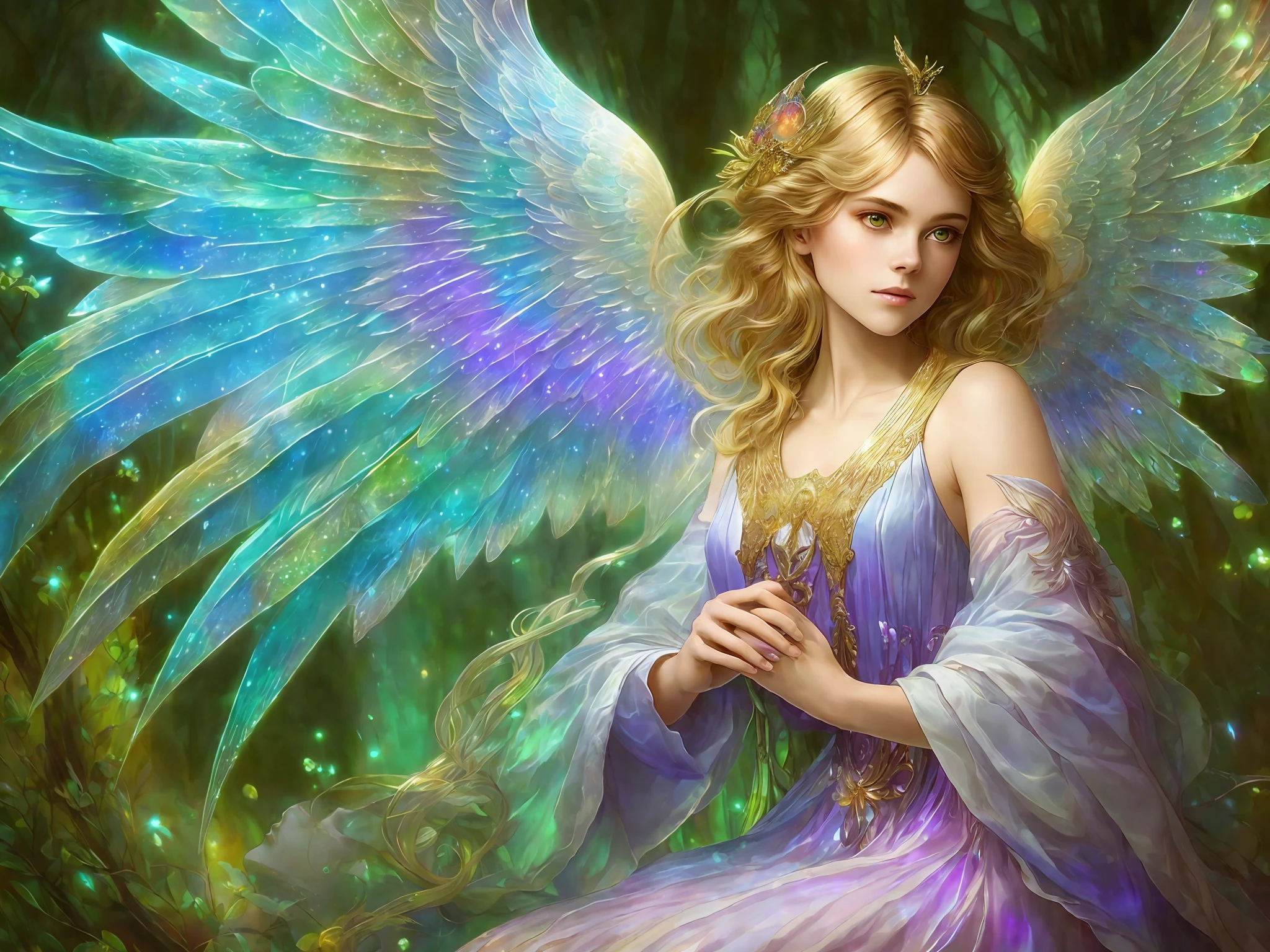 (High Definition: 1.2), (Best Quality: 1.2), (8K:1.2), Sharp Focus, (Subsurface Scattering: 1.1), Winning Photo (Glowing Bioluminescent Forest: 1.2), Perfect Face, Perfect Beautiful Eyes, Symmetry, Soft Lighting, Perfect Face, Adorable Chibi Angel, Keenan Shipka Mackenzie Foy, Barbara Palvin, Iridescent Angel Wings ( Highly Detailed Background: 1.2), (Magical Fantasy: 1.0), (Norring Case: 1.1), (Dreamlike Art: 1.1), Dramatic Lighting, Greg Lutkowski Alphonse Mucha Ropp