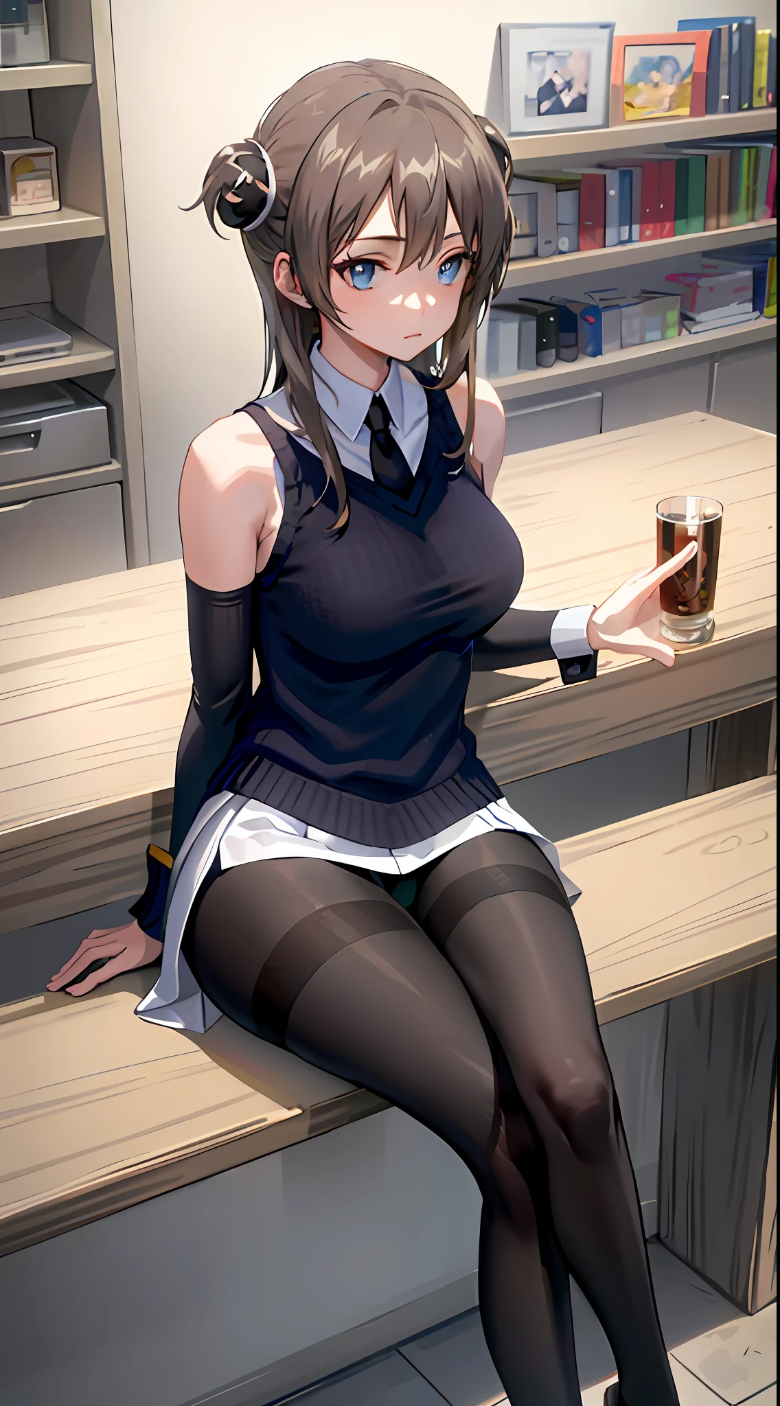 ((masterpiece)),(best quality),(detailed),(1girl), beautiful hair, glowing eyes, white shirt, black skirt, sitting on a chair, black panties, bare shoulders, pantyhose, crossed legs
