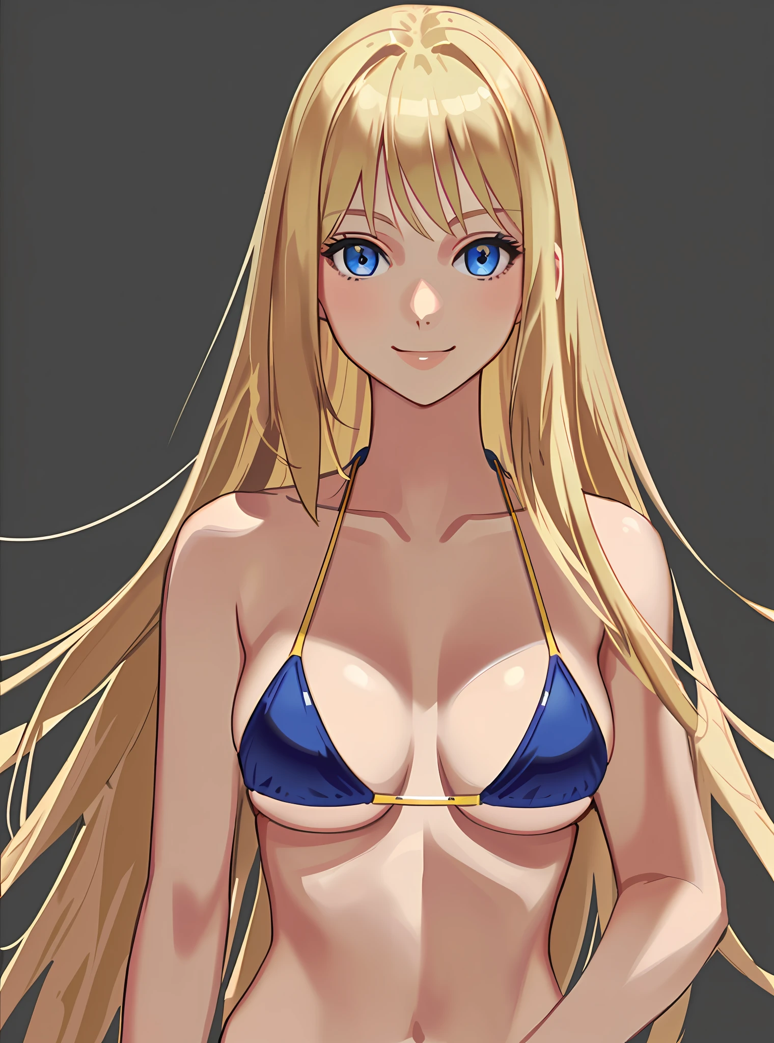 masterpiece, (best quality:1.2), detailed, 1girl, (solo), (blonde hair:1.2), (blue eyes), (smile:1.2), (upper body:1.3), (bikini:1.3), (large breasts:1.2), cleavage, collarbone, detailed eyes, highres, (simple background:1.3), high details, (staring at viewer:1.2)