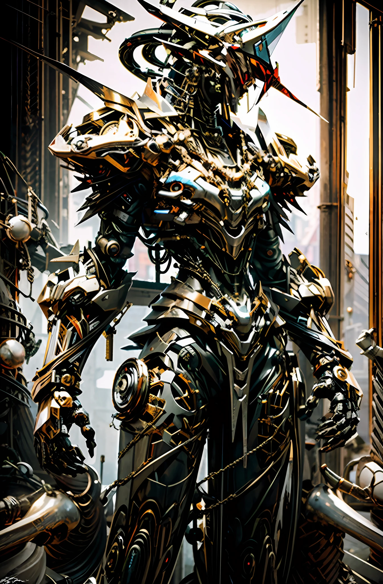 Dark_Fantasy,Cyberpunk,(chain saw,chain saw man,Red:1.1),1man,Mechanical marvel,Robotic presence,Cybernetic guardian, wearing a worn-out mech suit, intricate, (steel metal [rusty]), elegant, clear focus, shot by greg rutkowski, soft lighting, vibrant colors, masterpiece, ((street)), cowboy shot, dynamic pose,