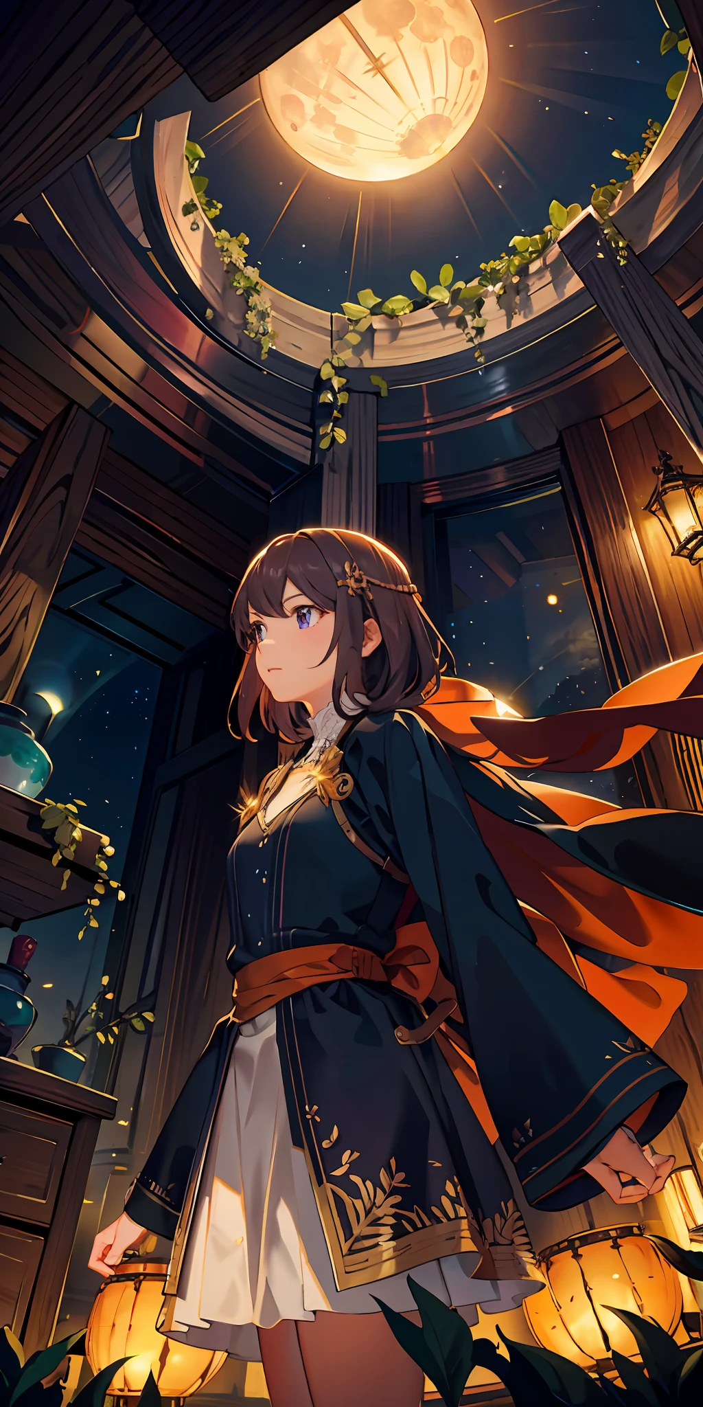 LANDSCAPE PHOTO (SEEN FROM BELOW, SKY ABOVE, FIELD BELOW), GIRL STANDING IN FLOWER GARDEN LOOKS UP (FULL MOON: 1.2), (METEOR: 0.9), (NEBULA: 1.3), DISTANT MOUNTAINS, TREES BREAK CRAFTING ART, (WARM LIGHT: 1.2), (FIREFLY: 1.2), LIGHTS, LOTS OF PURPLE AND ORANGE, INTRICATE DETAILS, VOLUMETRIC LIGHTING BREAK (MASTERPIECE: 1.2), ( Best Quality), 4K, Ultra Detailed, (Dynamic Composition: 1.4), Rich in Detail and Color, (Iridescent: 1.2), (Glow, Atmospheric Lighting), Dreamy, Magical, (Solo: 1.2)