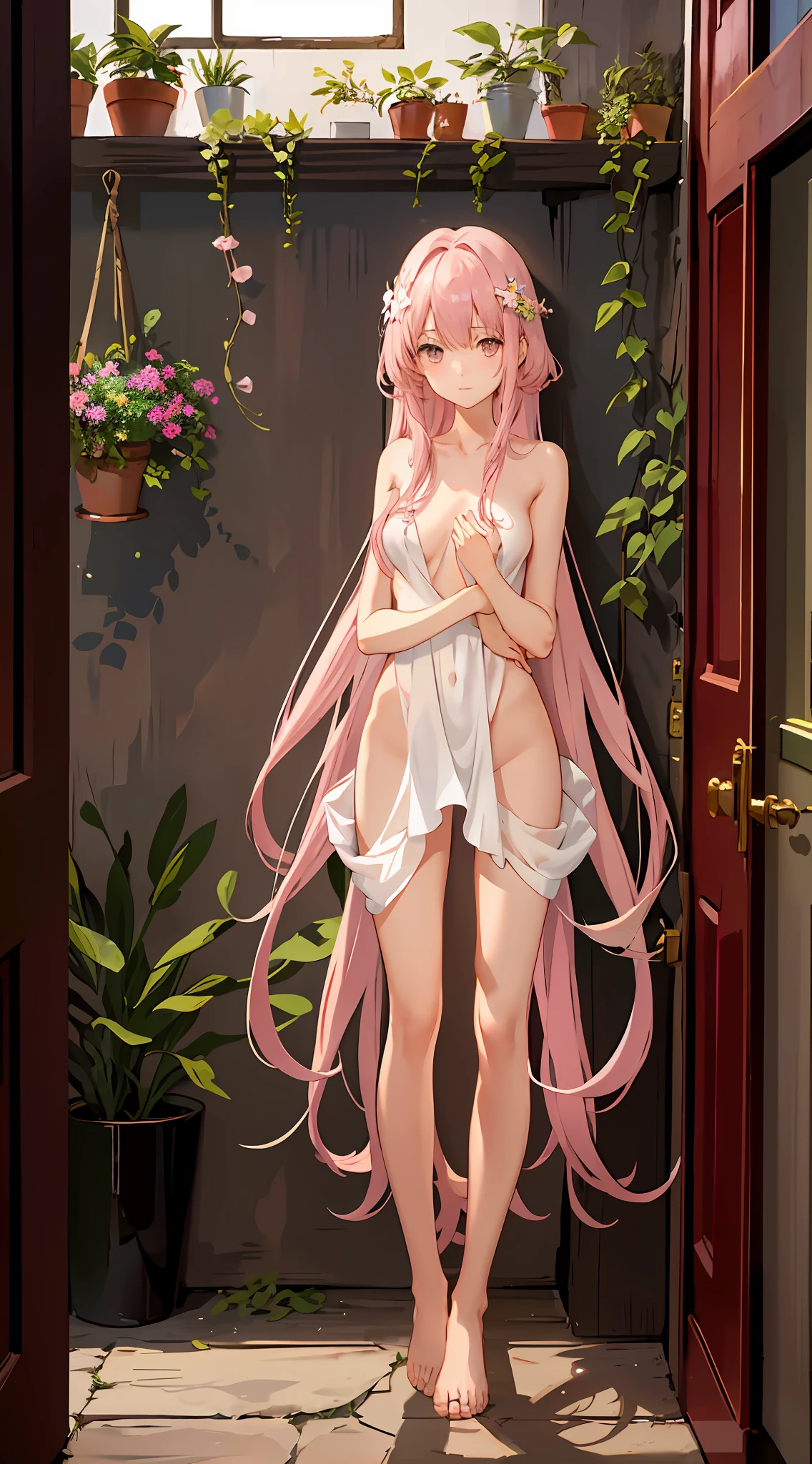 Shy and delicate girl, long hair, pink dress, open door, pot hanging on the wall, house decorated with plants, flowers illuminated by the sun, full body, facing the camera, ((full nudity, bare lower body, naked))