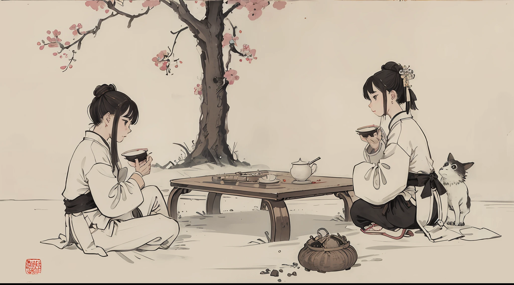 (Masterpiece, best quality: 1.2), traditional Chinese ink painting, two  drinking tea