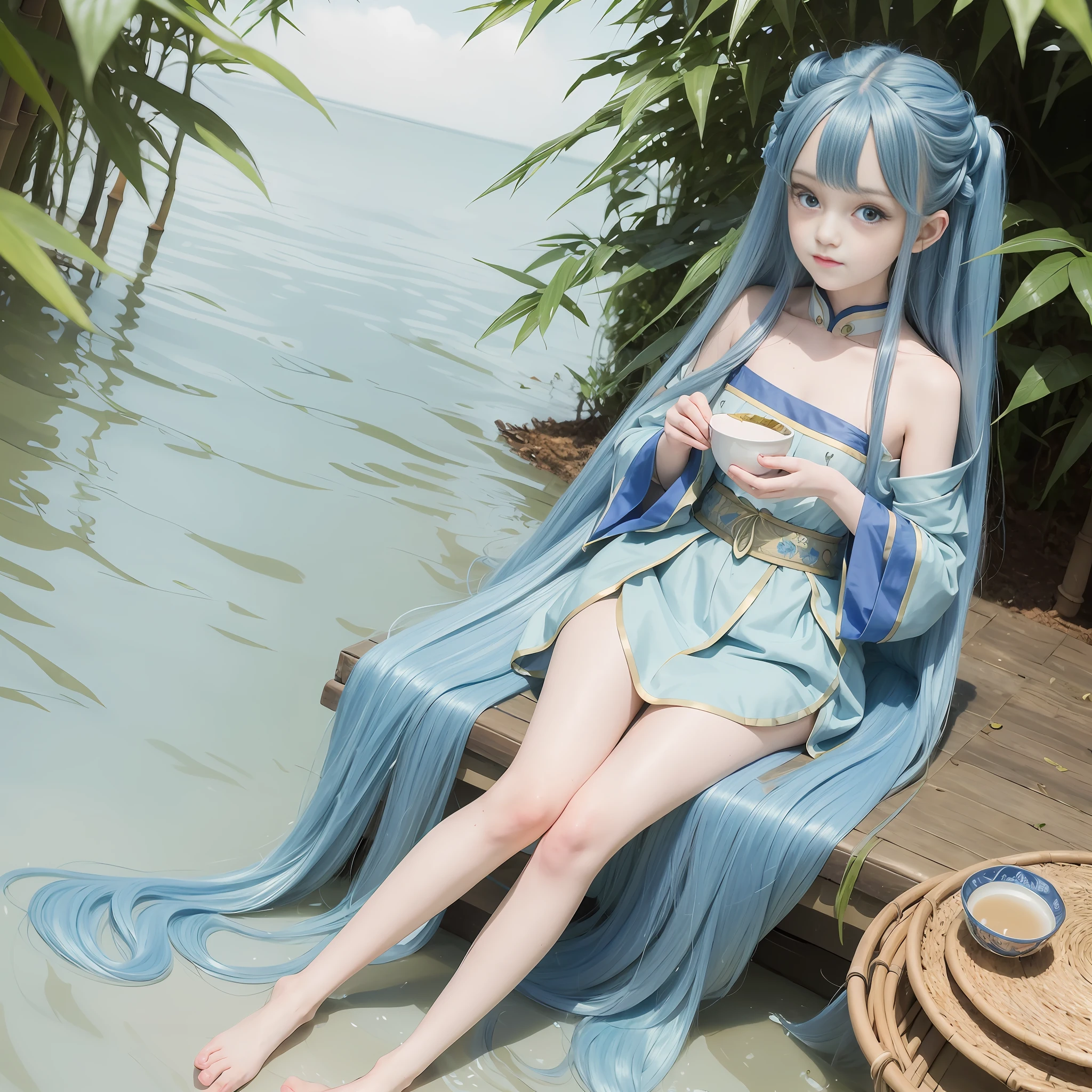 Masterpiece, Best Quality, Official Art, 8k Wallpaper, Very Detailed, Illustration, 1 Girl, Sky Blue Hair, Long Hair, Detailed Eyes, Forrest Gump, Bare Shoulders, Hanfu, Lake, Pure, Soft Smile, bamboo, tea