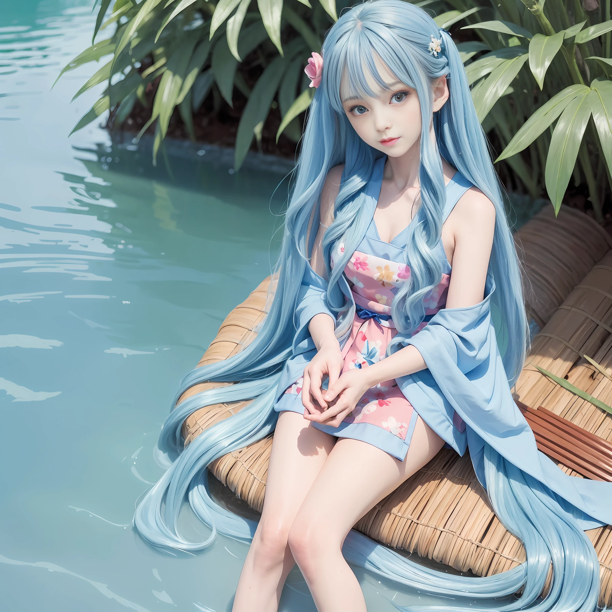 Masterpiece, Best Quality, Official Art, 8k Wallpaper, Very Detailed, Illustration, 1 Girl, Sky Blue Hair, Long Hair, Detailed Eyes, Forrest Gump, Bare Shoulders, Hanfu, Lake, Pure, Soft Smile, bamboo, tea