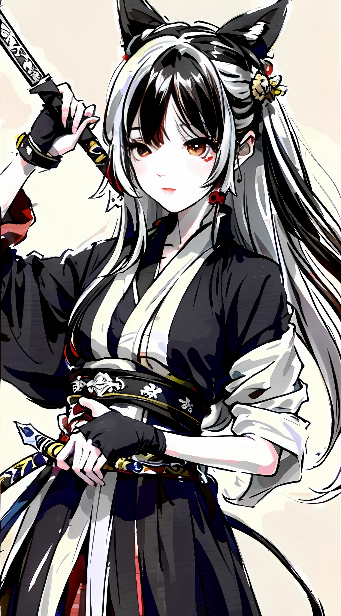Anime characters with sword and black and white background, from the East, Oriental characters, Hanfu