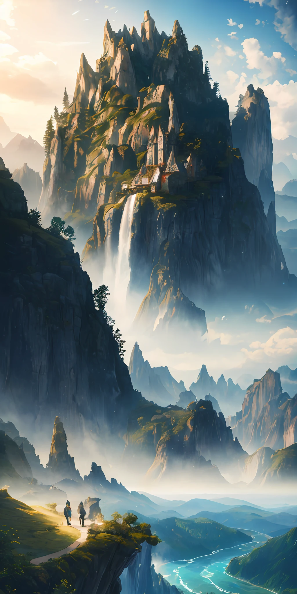 Masterpiece, best quality, high quality, extremely detailed CG unity 8k wallpaper, landscape, outdoor, sky, cloud, sky, no humans, mountain, landscape, water, tree, blue sky, waterfall, cliff, nature, lake, river , cloudy skies, award winning photography, bokeh, depth of field, HDR, bloom, chromatic aberration, photorealism, very detailed, trending on artstation, trending on CGsociety, intricate, high detail, dramatic, midjourney art