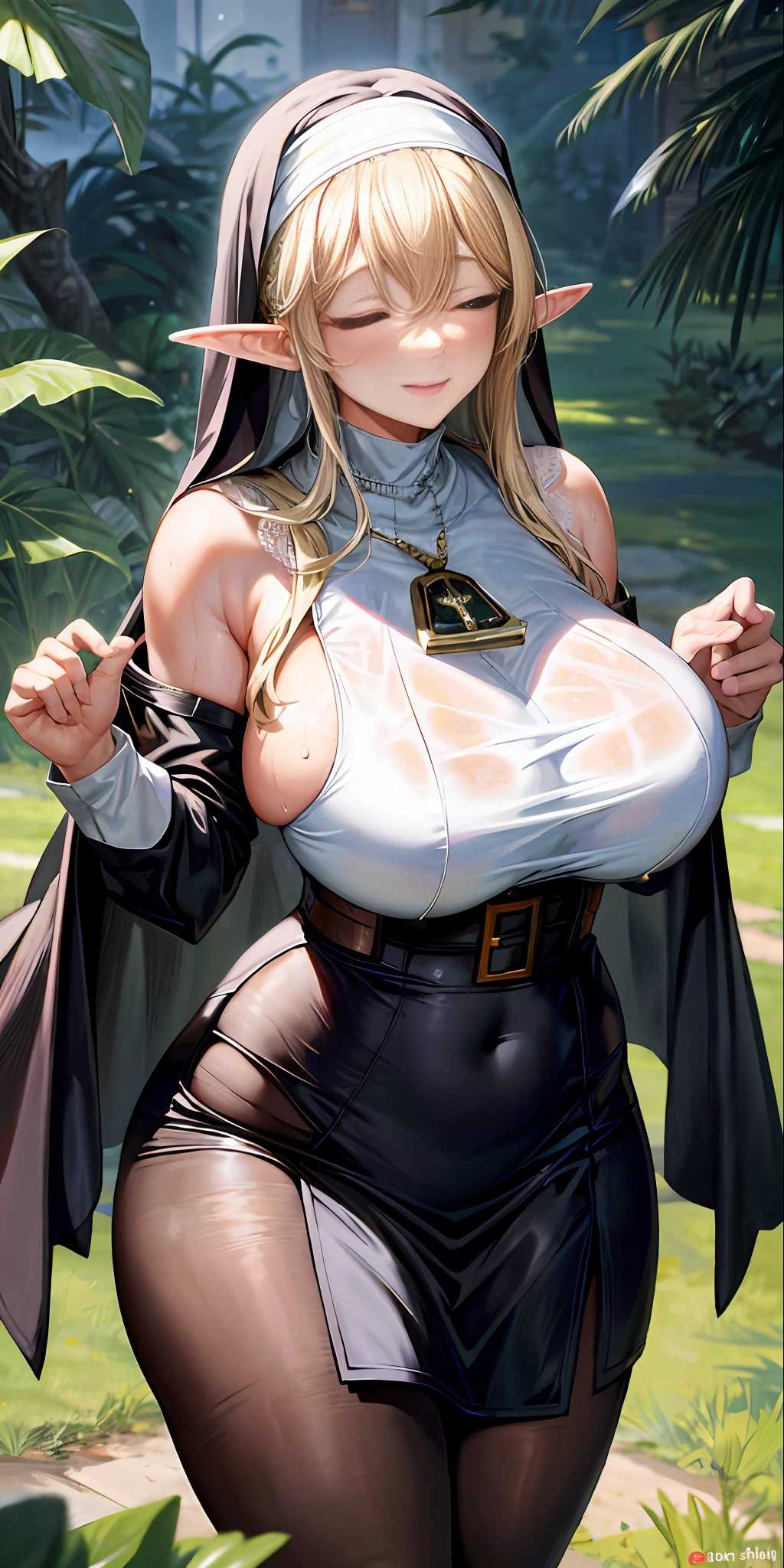 Standing, big breasts, busty, pretty face, thick body, blonde hair, half-closed eyes, smile, exposed armpits, masterpiece, super mass, 4k quality, high detail, elf mother, black nun bandana, lace skirt, cleavage, white pantyhose, sweaty, wet clothes, see-through, add_detail:1.5