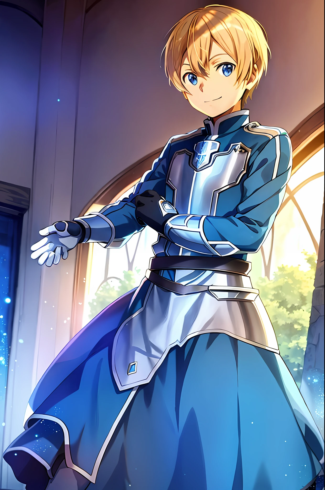 1 Boy, Eugeo in Sword Art Online, (Eugeo:1.5), Watch Viewer, Standing, Cowboy Shot, Full Body, Smiling, Sword, Castle, Cartoon Style, Blue Knight's Dress, Blonde, Light Blue Sword,