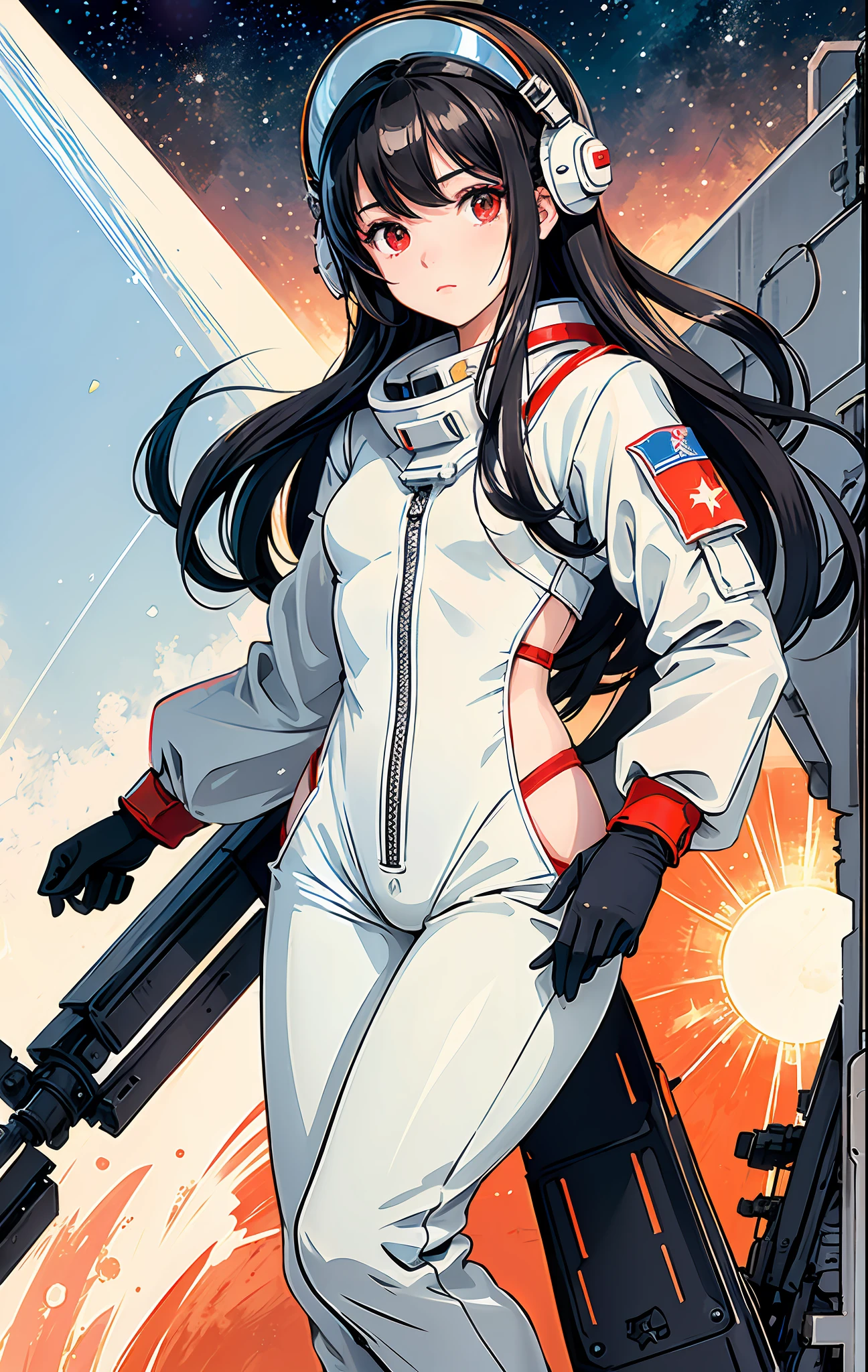 1girl, flat chested, cute, beautiful detailed eyes, shiny hair, visible through the hair, hair between the eyes, CCCPposter, sovietposter, red monochrome, Soviet poster, USSR, communism, black hair, red eyes, vampire ,girl,small breasts,spacesuit:Orange_clothing_body:jumpsuit ), white_gloves, white_space shoes, white_helmet, CCCP scarlet letters on the top of the helmet, weightlessness, Side light, reflection, the person in the spacesuit is at the bottom left of the picture, right hand outstretched, right hand Gently touch the Salyut space station), the space station in the upper right corner of the screen, the reflected light of the sun, silver metal, red flag, brilliance, Soviet style, diffuse reflection, metal texture, blue earth in the distance, mech style, star sea, high-profile, majestic