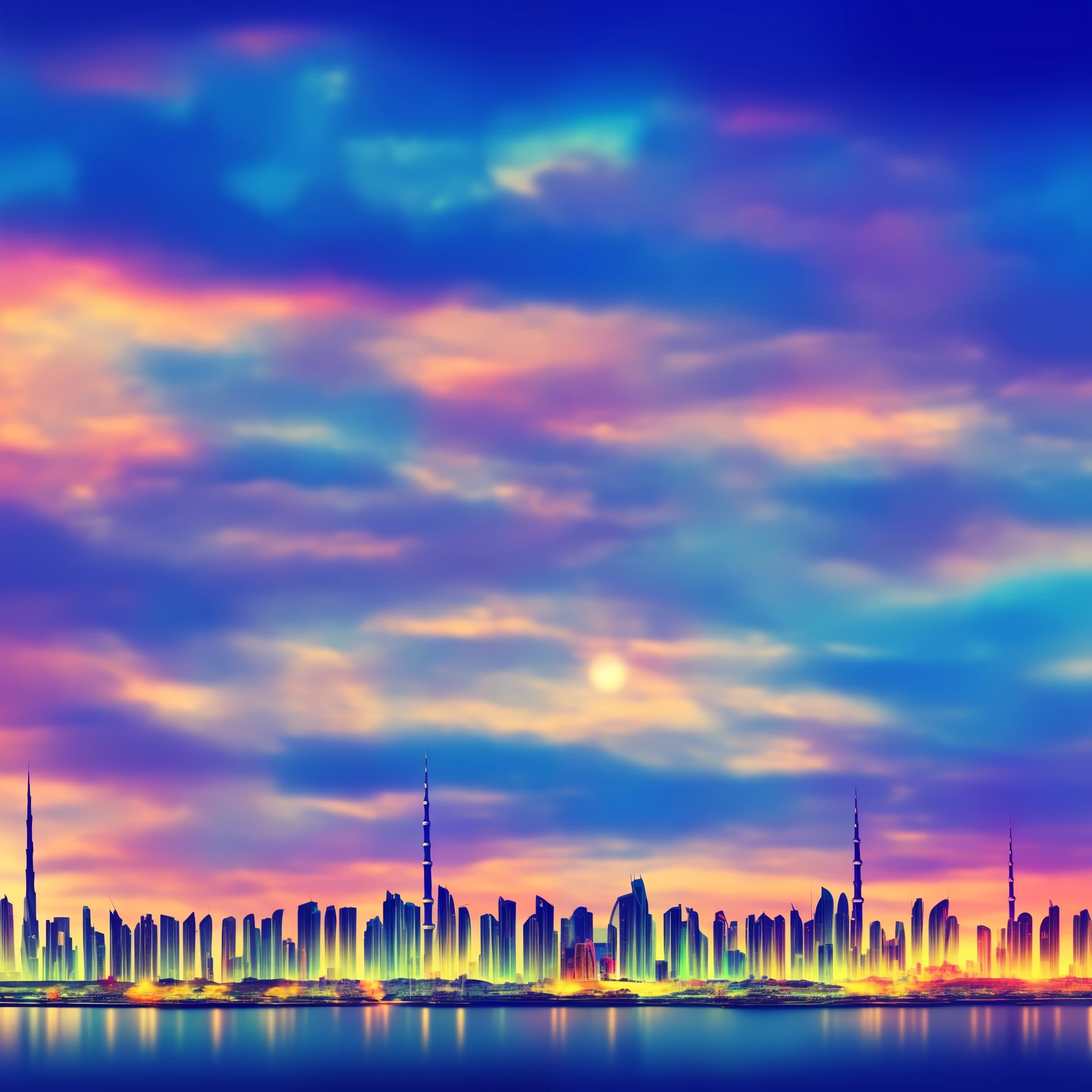 anime background, dubai in autumn, semi realistic, ring lighting , rim lighting, cinematic,pastel ,BgAniDusk