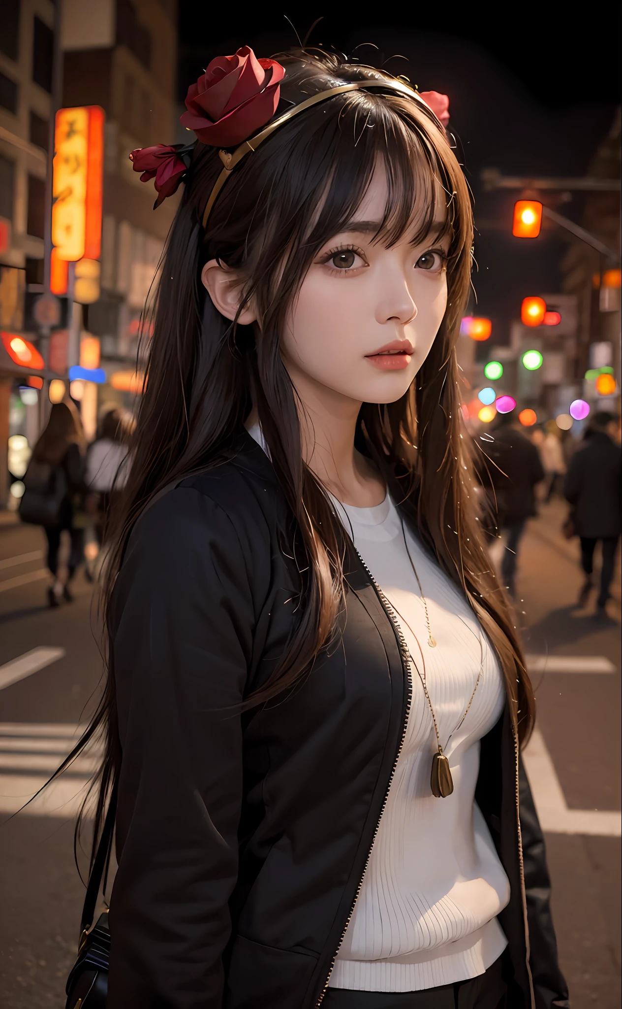 1girl, Tokyo street,night, cityscape,city lights, upper body,close-up, 8k, RAW photo, best quality, masterpiece,realistic, photo-realistic,headgear of red rose, parted bangs, long hair,