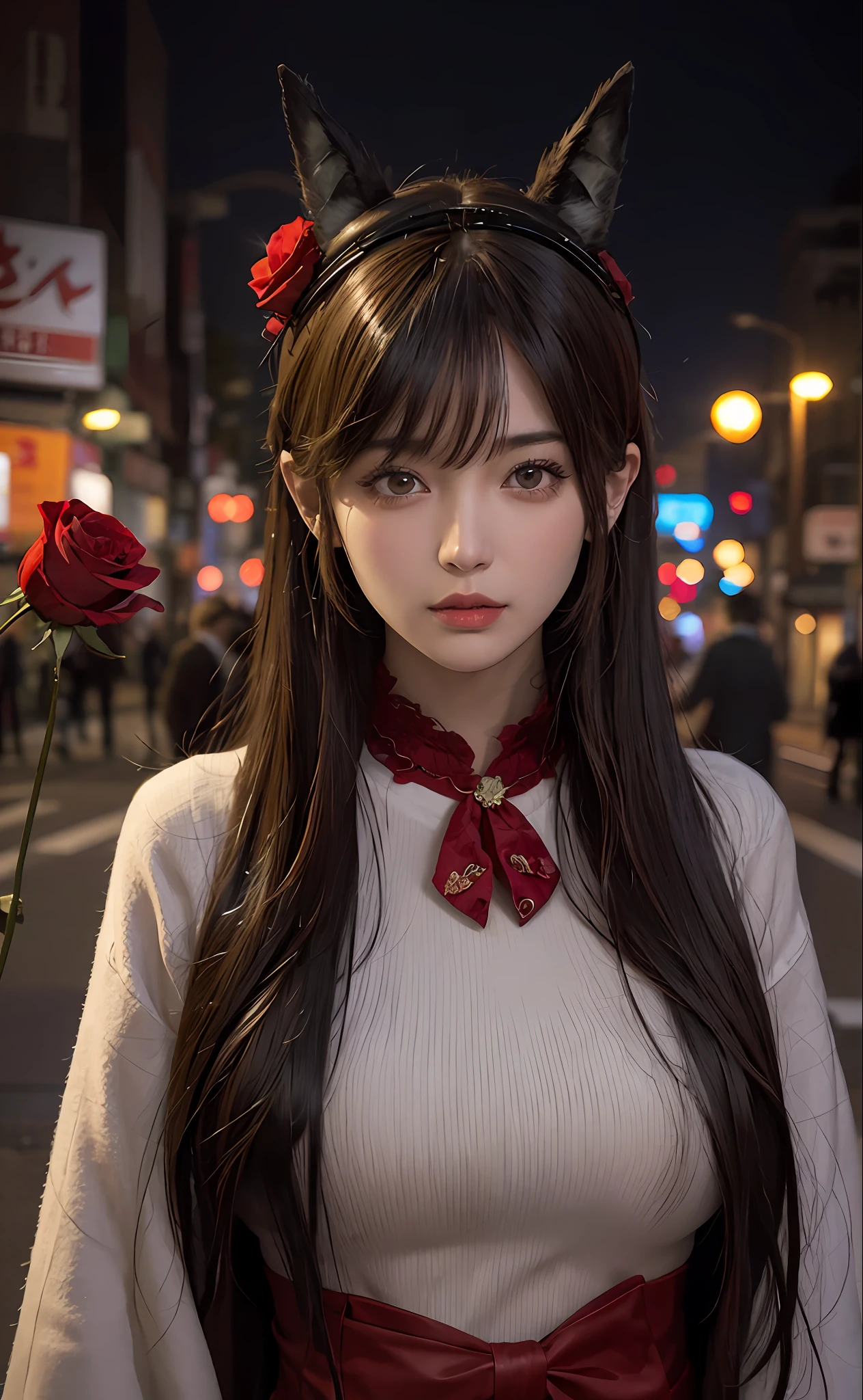 1girl, Tokyo street,night, cityscape,city lights, upper body,close-up, 8k, RAW photo, best quality, masterpiece,realistic, photo-realistic,headgear of red rose, parted bangs, long hair,