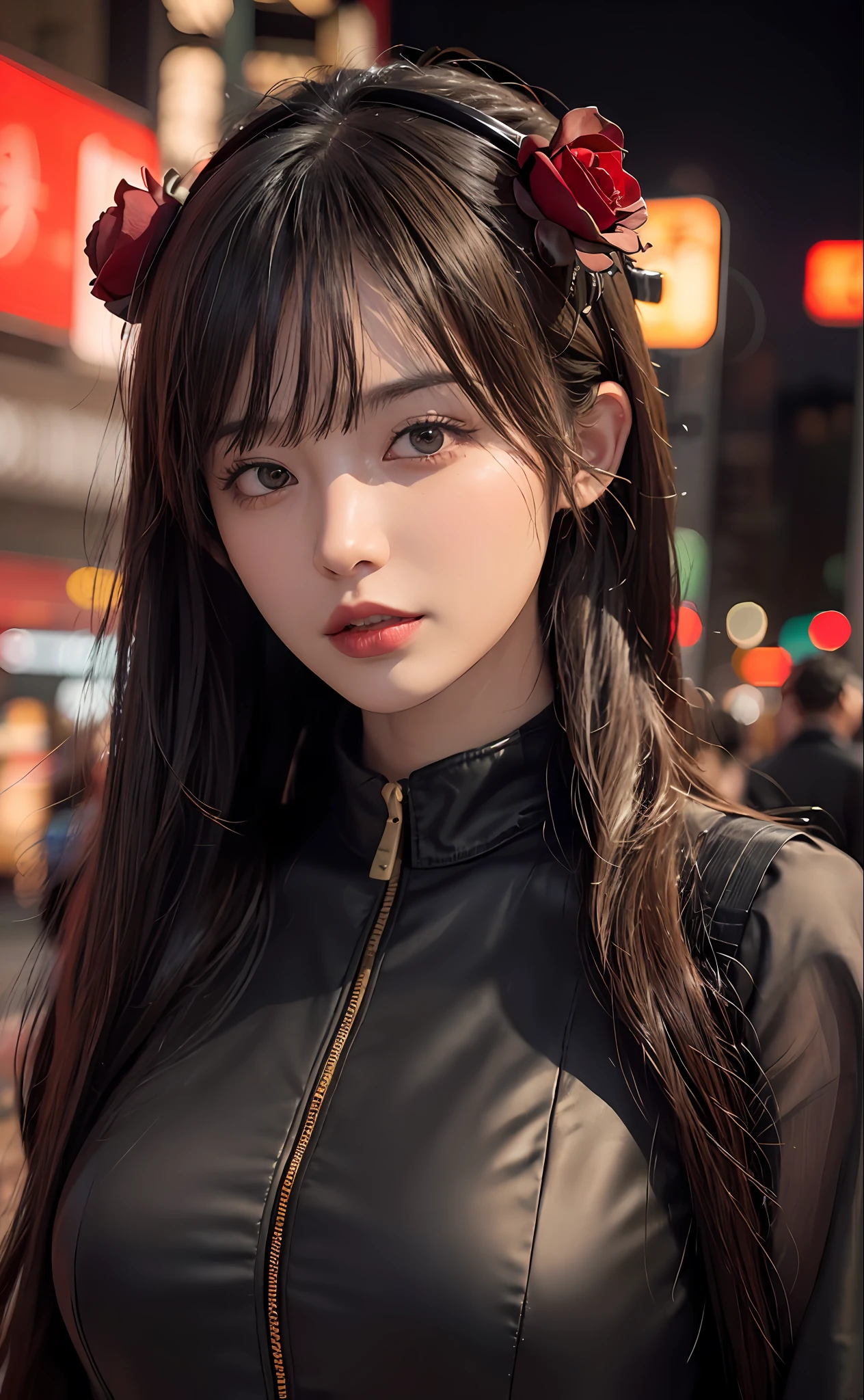 1girl, Tokyo street,night, cityscape,city lights, upper body,close-up, 8k, RAW photo, best quality, masterpiece,realistic, photo-realistic,headgear of red rose, parted bangs, long hair,