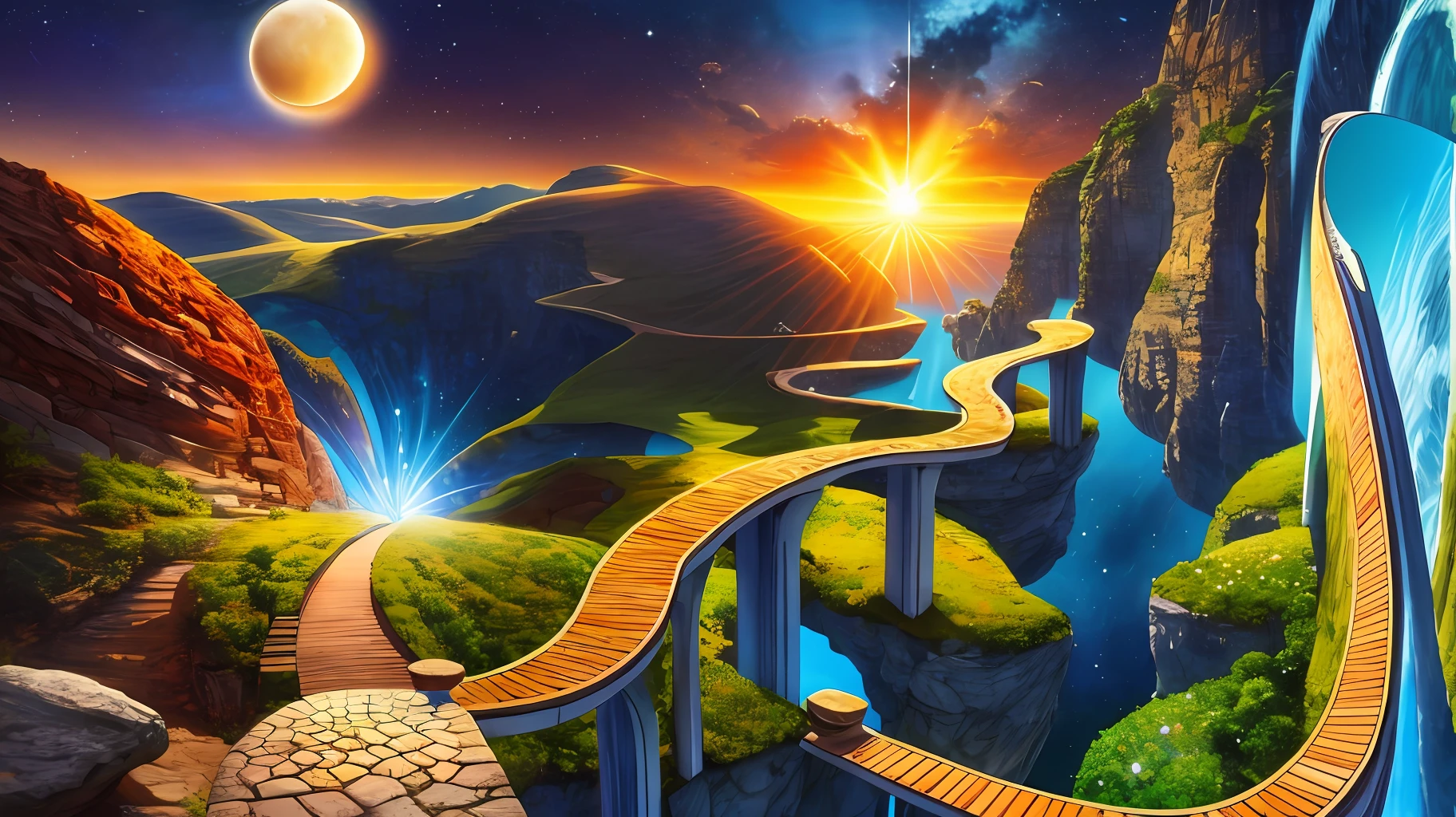 Time travel and parallel world themed landscapes, sun and moon, mysterious, fantastic, attention-grabbing, eye-catching